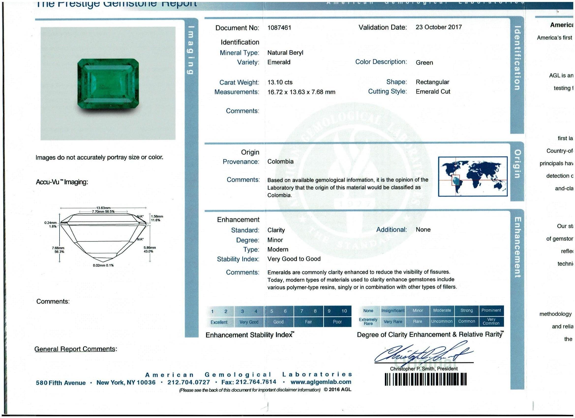 AGL Certified 13.10 Ct Emerald Cut Colombian Emerald Diamond 18K Gold Ring For Sale 3