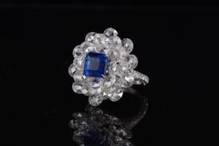 AGL Certified 13.19 Carat Blue Sapphire Kashmir and White Rose Cut Diamond Ring