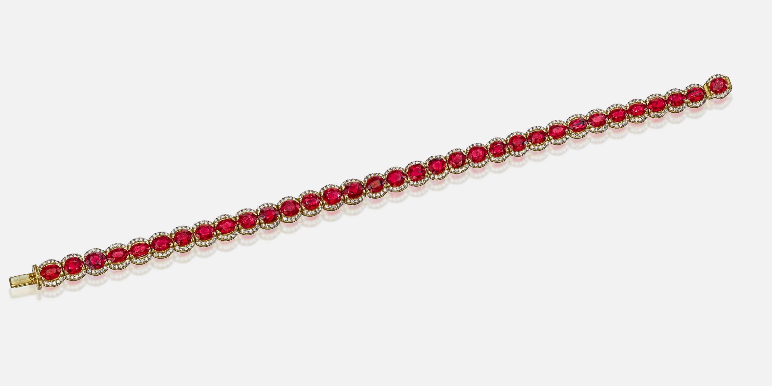 Pulsera de diamantes y rubíes birmanos sin calor de 13,22 quilates con certificación AGL Corte oval en venta
