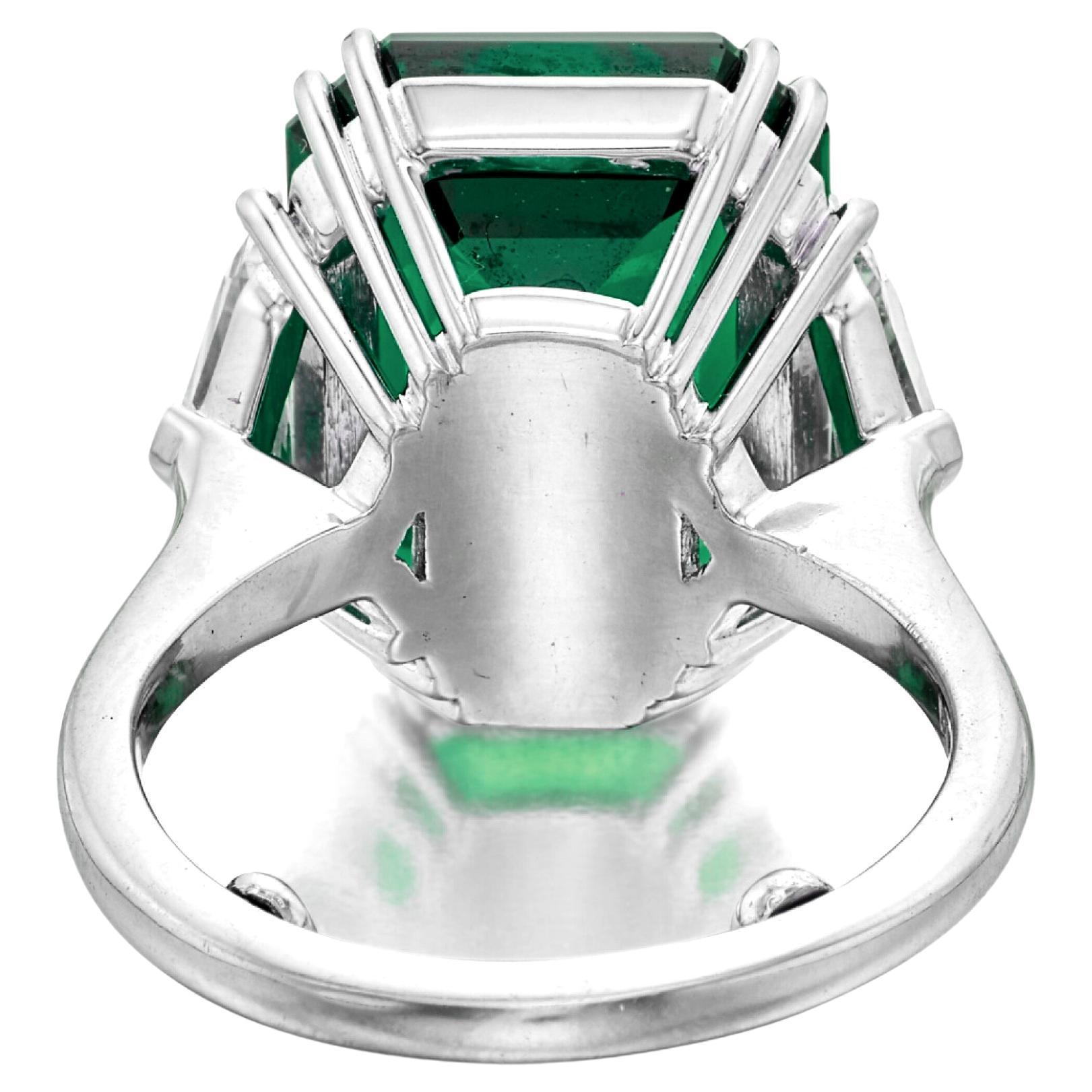 Emerald Cut AGL Certified 13.35 Minor Oil Emerald Trillion Side Platinum Ring For Sale