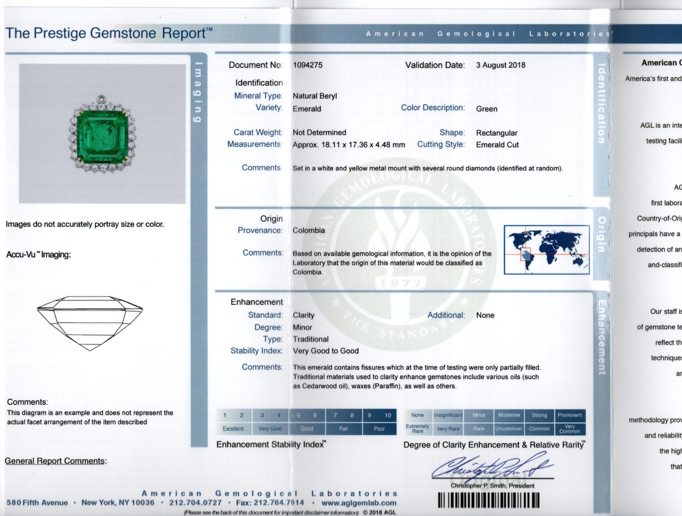 AGL Certified 13.49 Carat Minor Oil Colombian Emerald in Platinum 950 For Sale 3