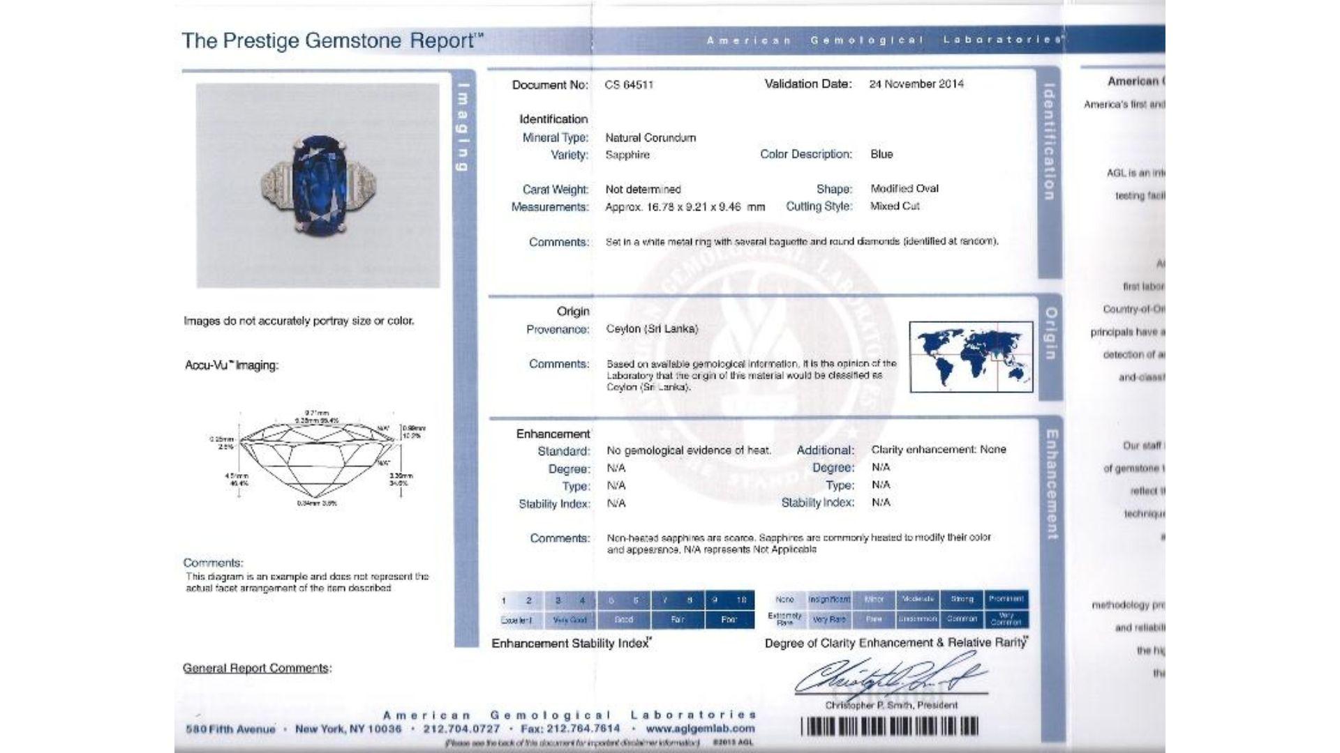 Oval Cut AGL Certified 13.81 Carat Ceylon No Heat Blue Sapphire Platinum Vintage Ring For Sale