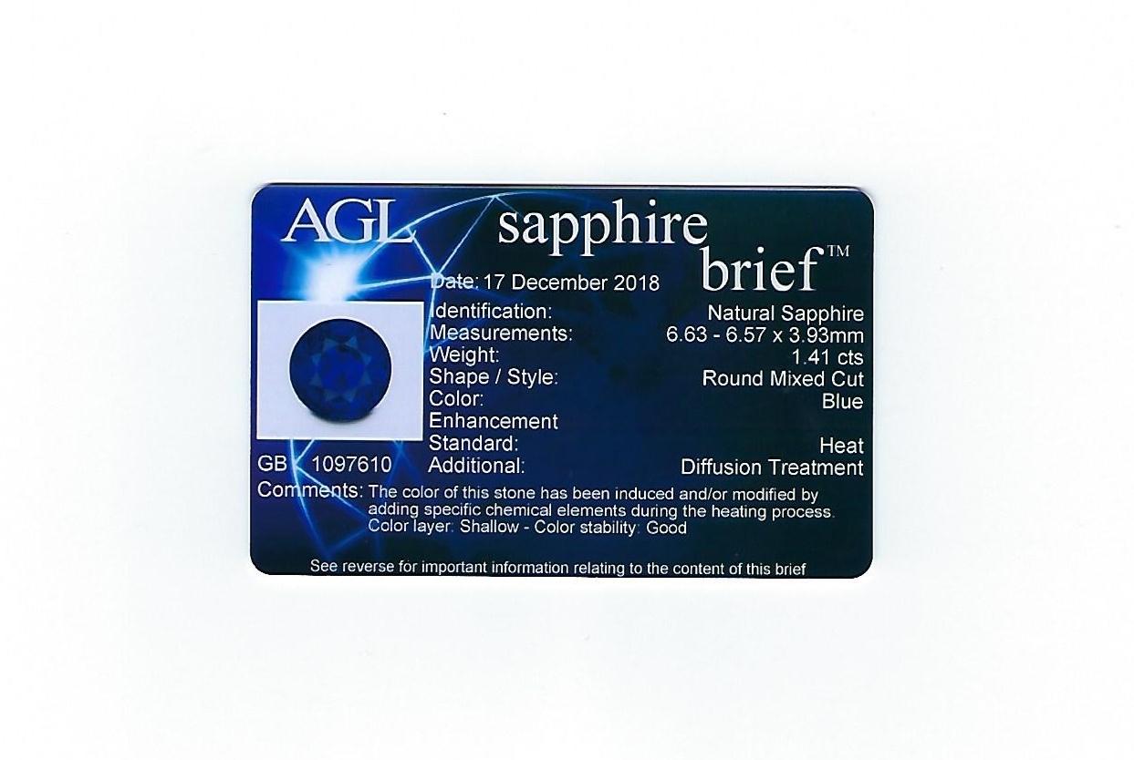 AGL Certified 1.41 Carat Round Blue Sapphire Diamond Platinum Ring For Sale 3