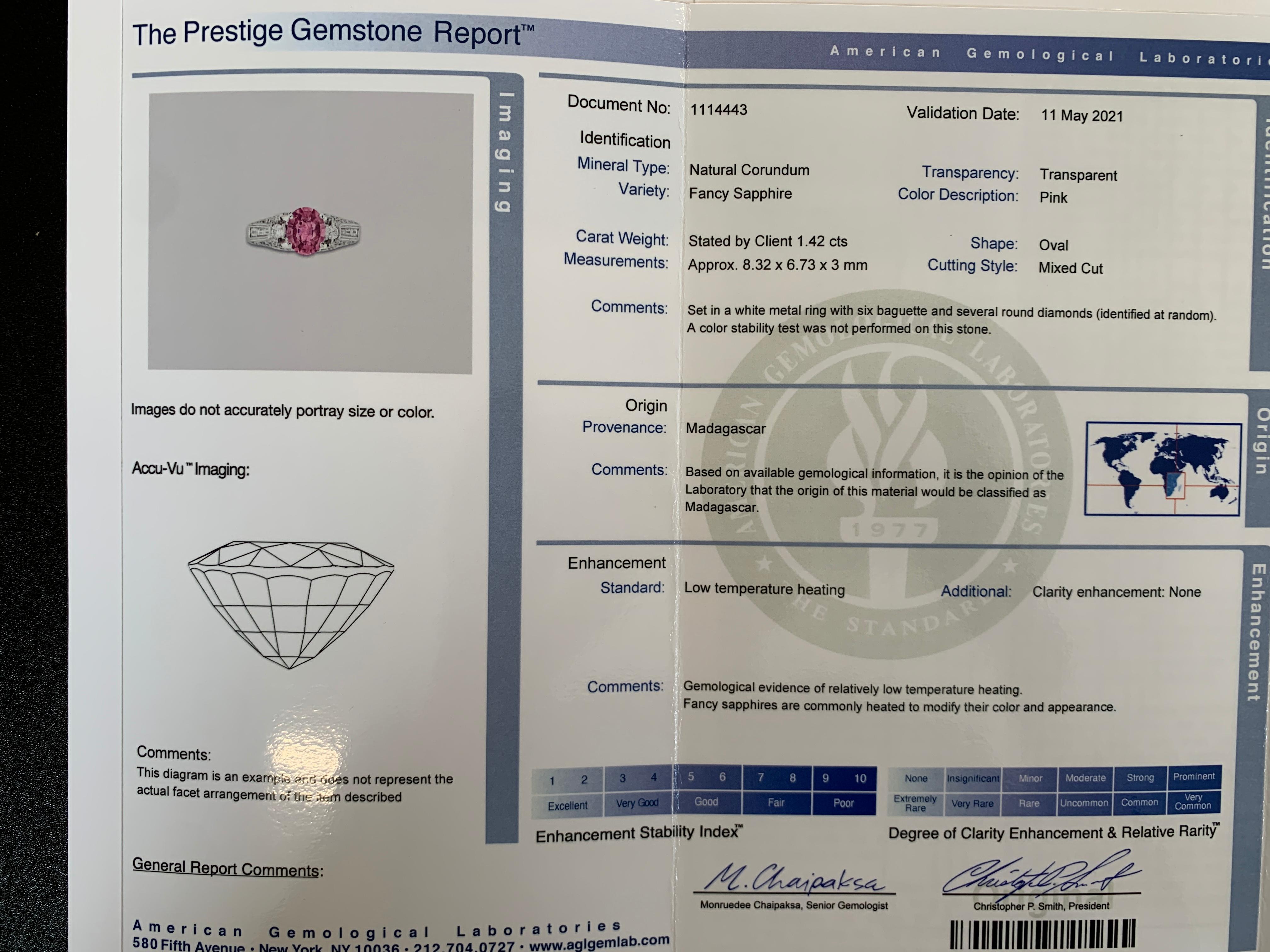 AGL Certified 1.42 Carat Oval Pink Sapphire & Diamond Ring in 18 K White Gold 2