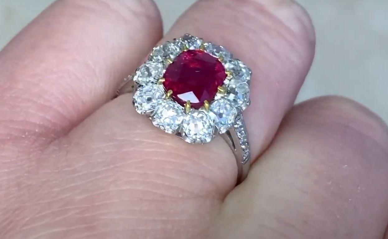 AGL-Certified 1.46 Carat Cushion-Cut Burma Ruby Ring, Unheated, Diamond Halo In Excellent Condition For Sale In New York, NY