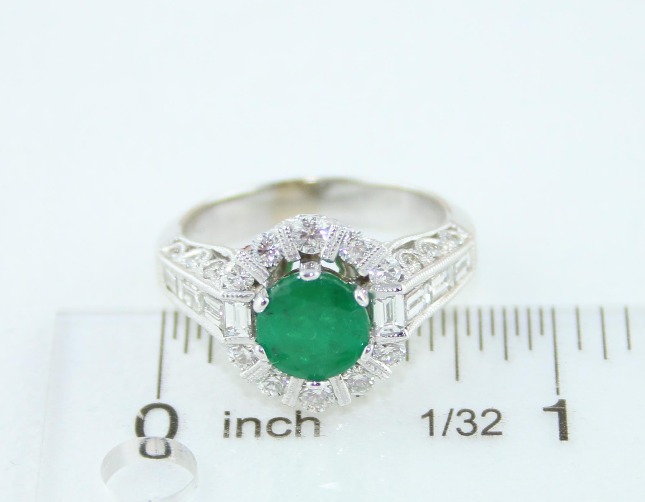 AGL Certified 1.48 Carat Round Emerald Diamond Gold Milgrain Ring For Sale 4