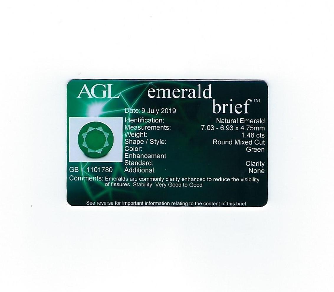 AGL Certified 1.48 Carat Round Emerald Diamond Gold Milgrain Ring For Sale 5