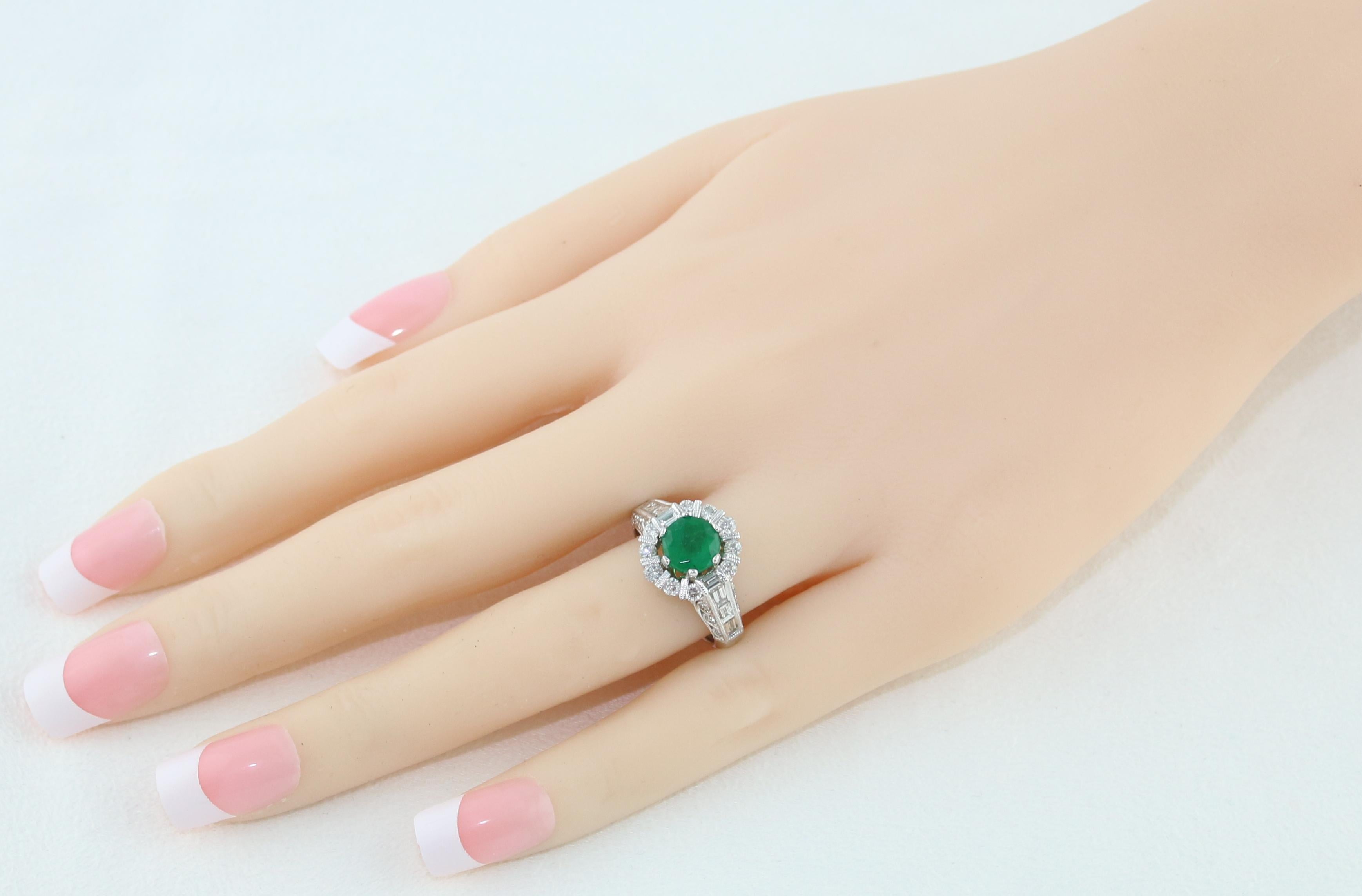 Round Cut AGL Certified 1.48 Carat Round Emerald Diamond Gold Milgrain Ring For Sale