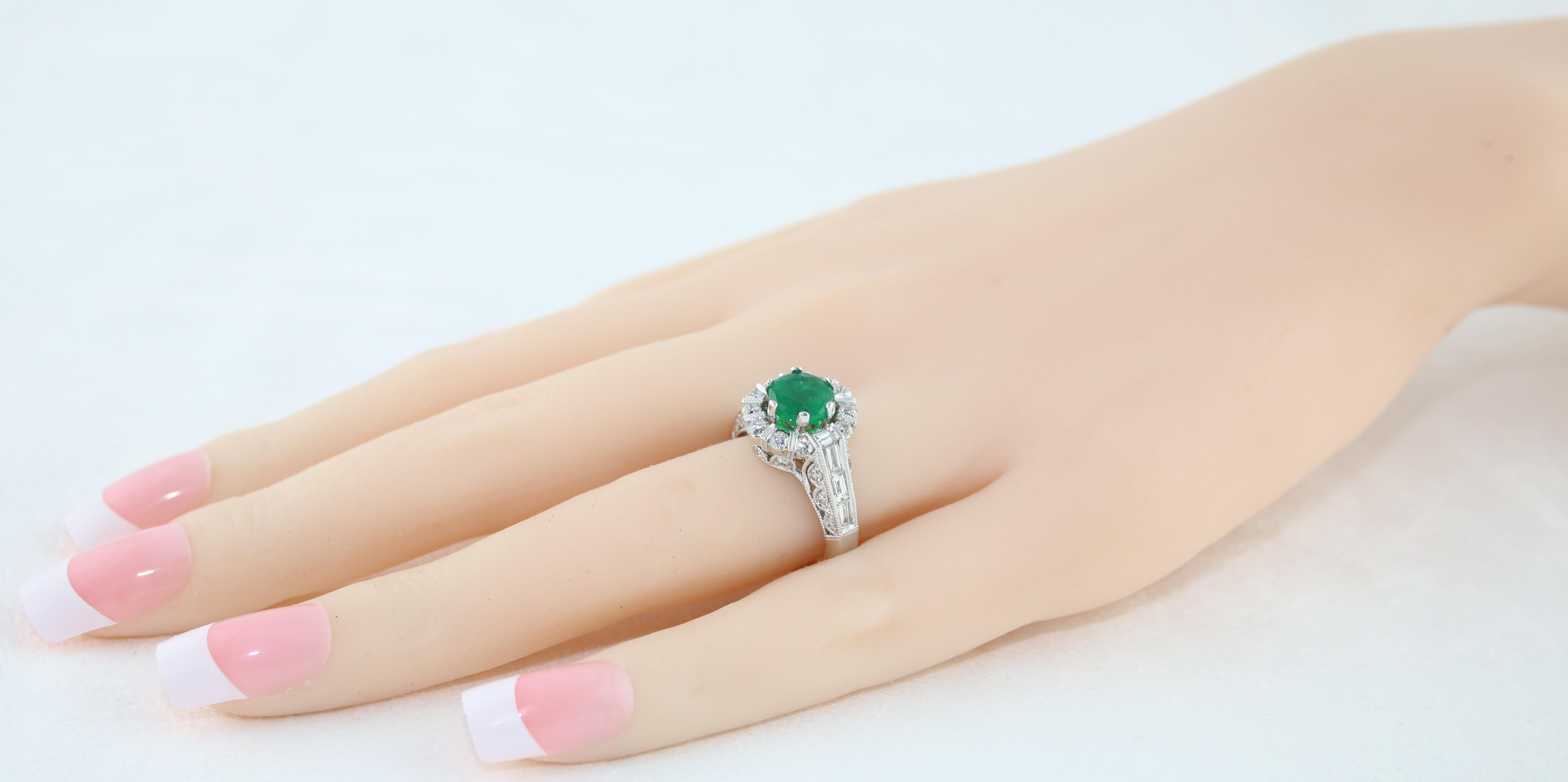 Women's AGL Certified 1.48 Carat Round Emerald Diamond Gold Milgrain Ring For Sale