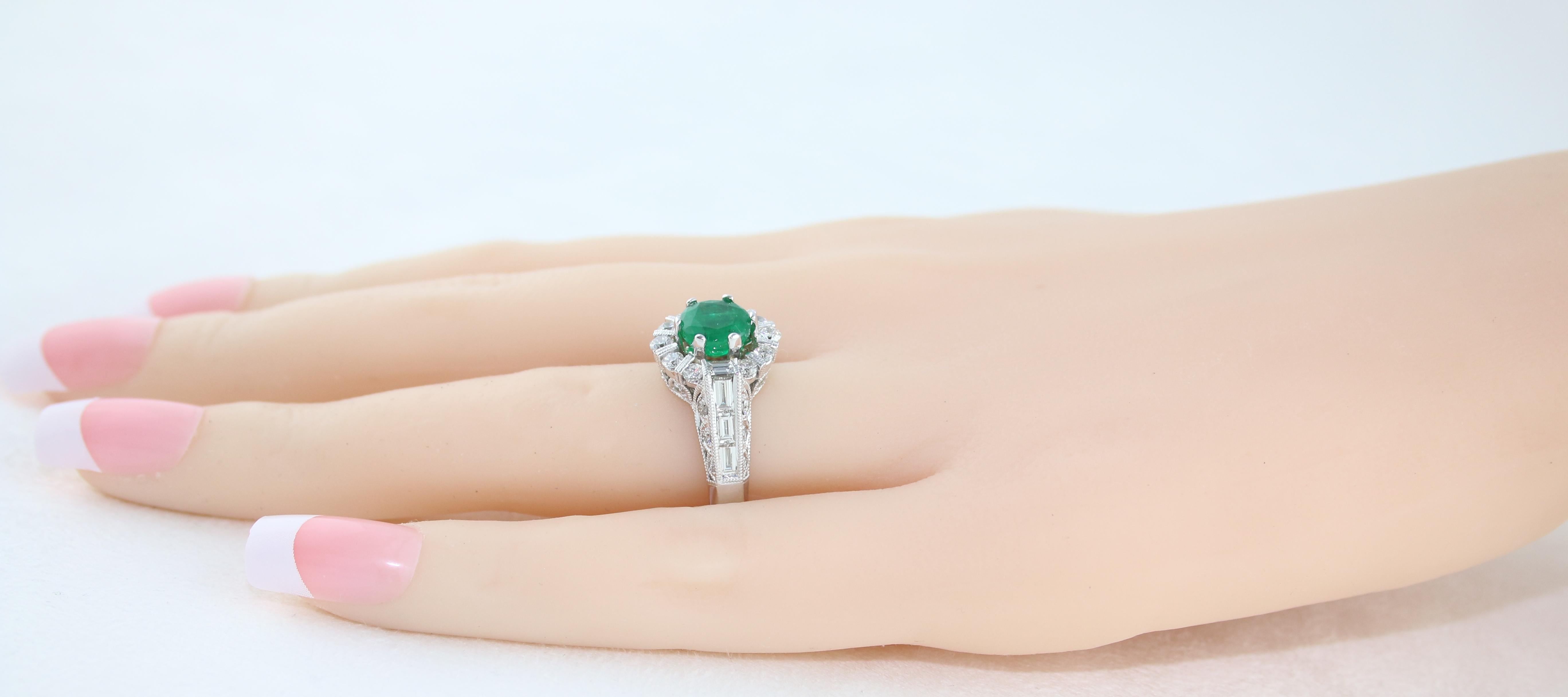 AGL Certified 1.48 Carat Round Emerald Diamond Gold Milgrain Ring For Sale 1