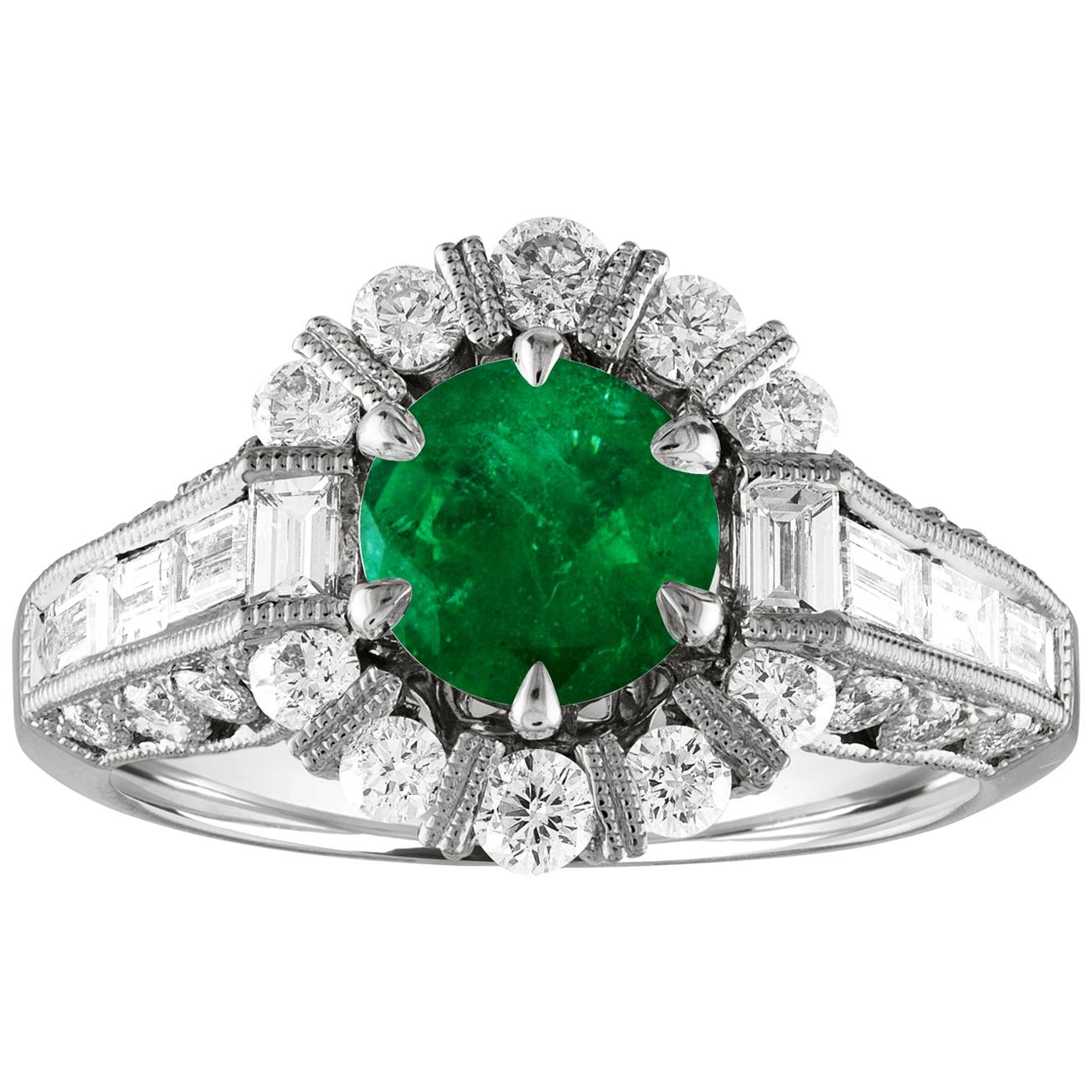 AGL Certified 1.48 Carat Round Emerald Diamond Gold Milgrain Ring For Sale