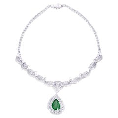 AGL Certified 15 Carat Minor Oil Pear Cut Emerald Diamond Necklace