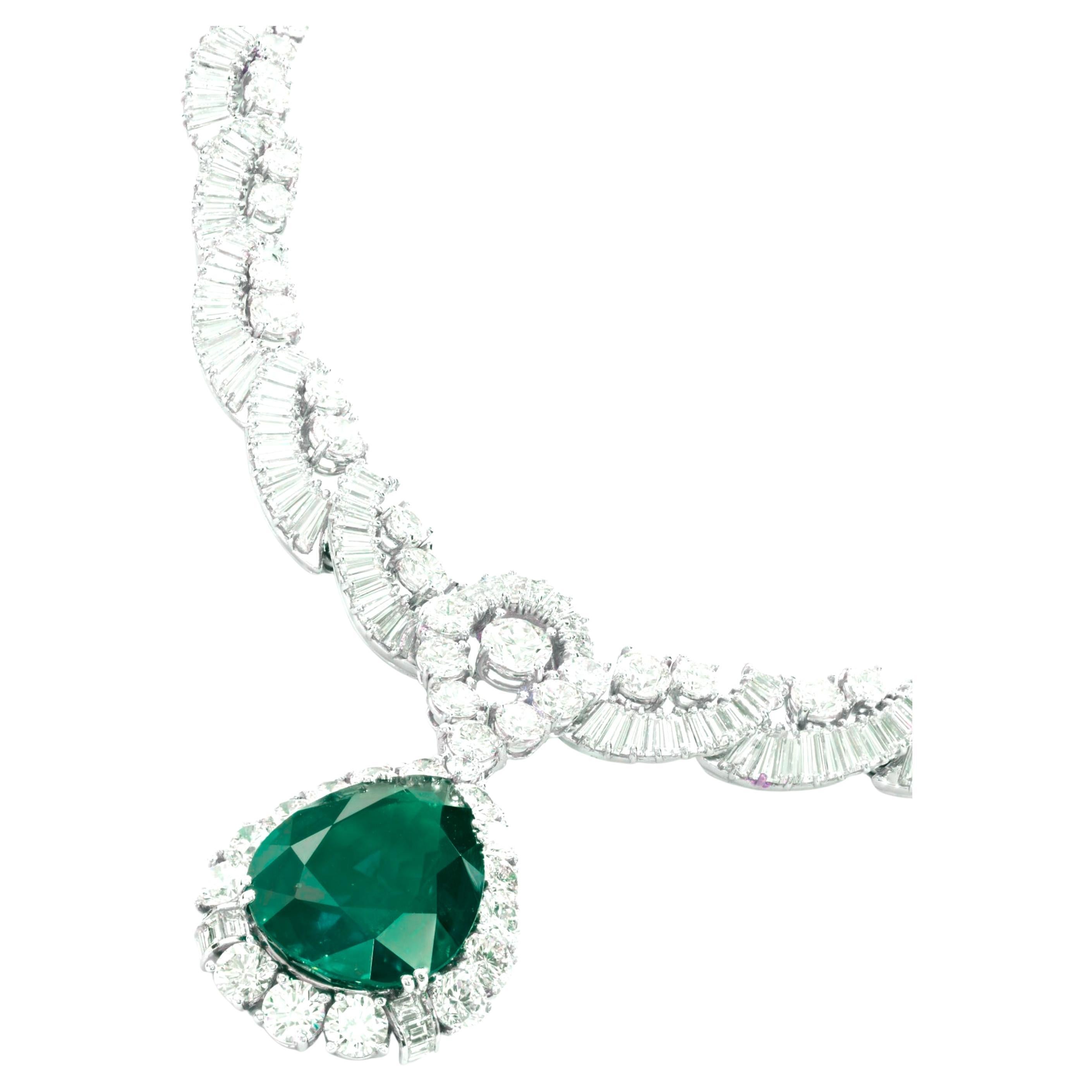 AGL Certified 15 Carat Minor Oil Pear Cut Emerald Diamond Necklace
