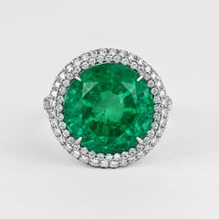 AGL Certified 15 Carat Round Cut Colombian Emerald and Diamond Halo Ring