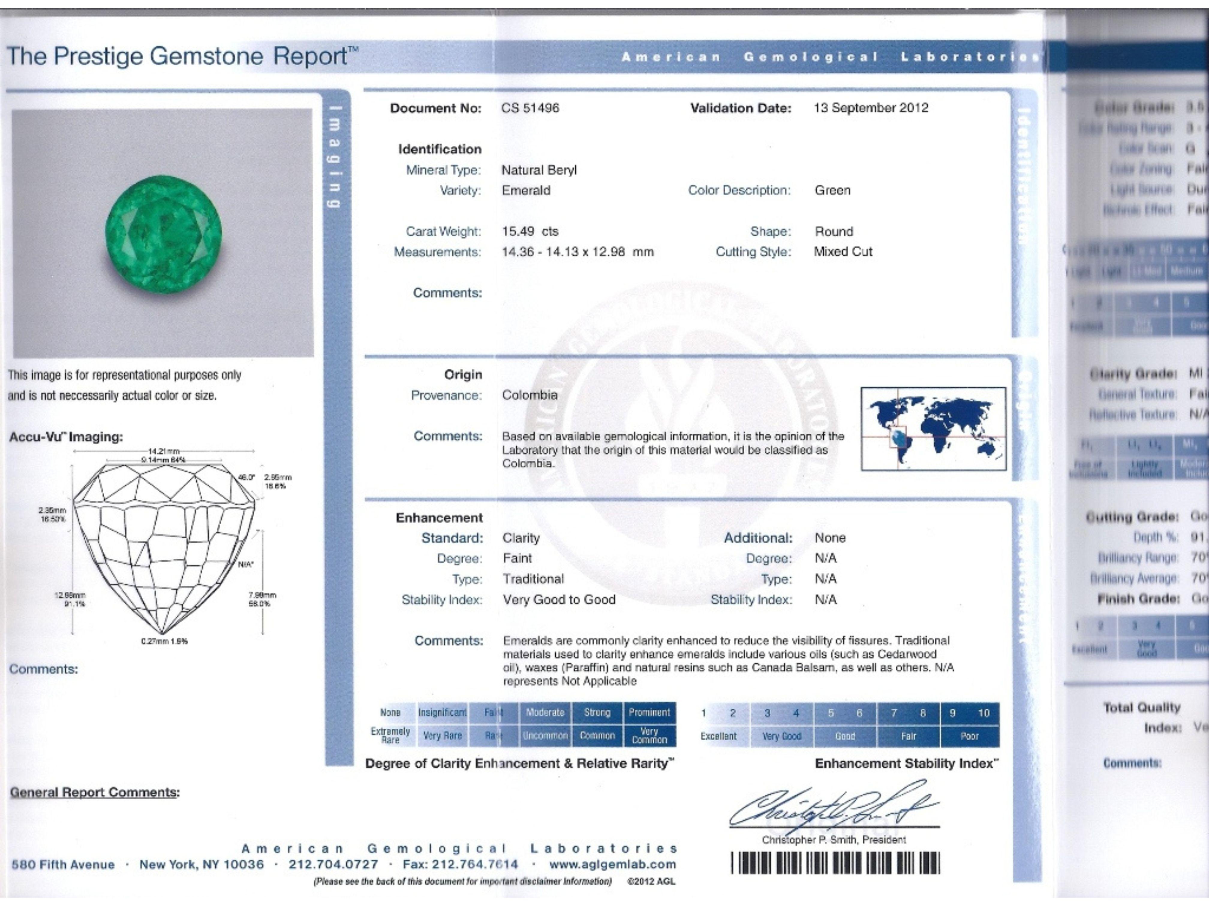 AGL Certified 15 Carat Round Cut Colombian Emerald and Diamond Halo Ring For Sale 4