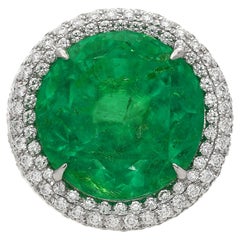 AGL Certified 15 Carat Round Cut Colombian Emerald and Diamond Halo Ring