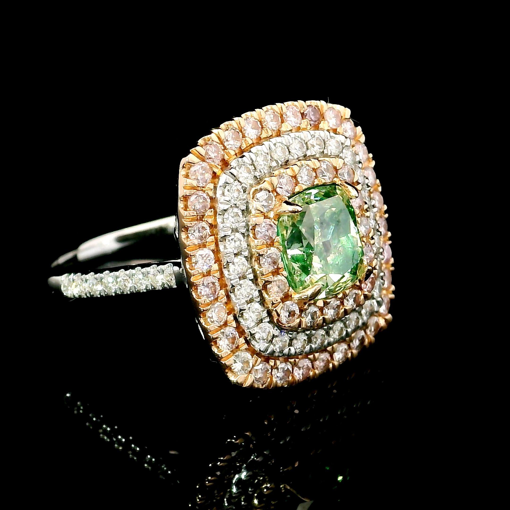 Cushion Cut AGL Certified 1.51 Carat Fancy Green VS Clarity Diamond Ring For Sale