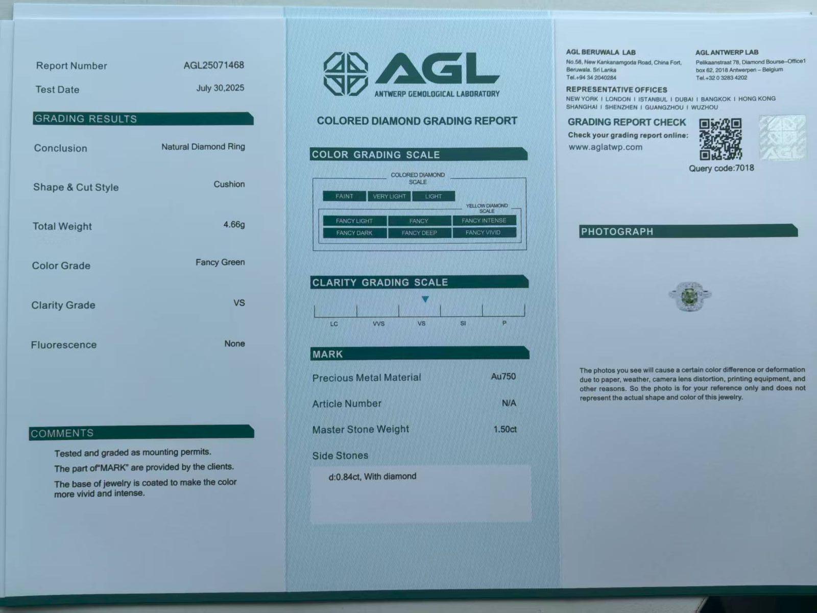 AGL-zertifizierter 1,51 Karat intensiver grüner Diamantring mit Reinheit SI1 im Angebot 1