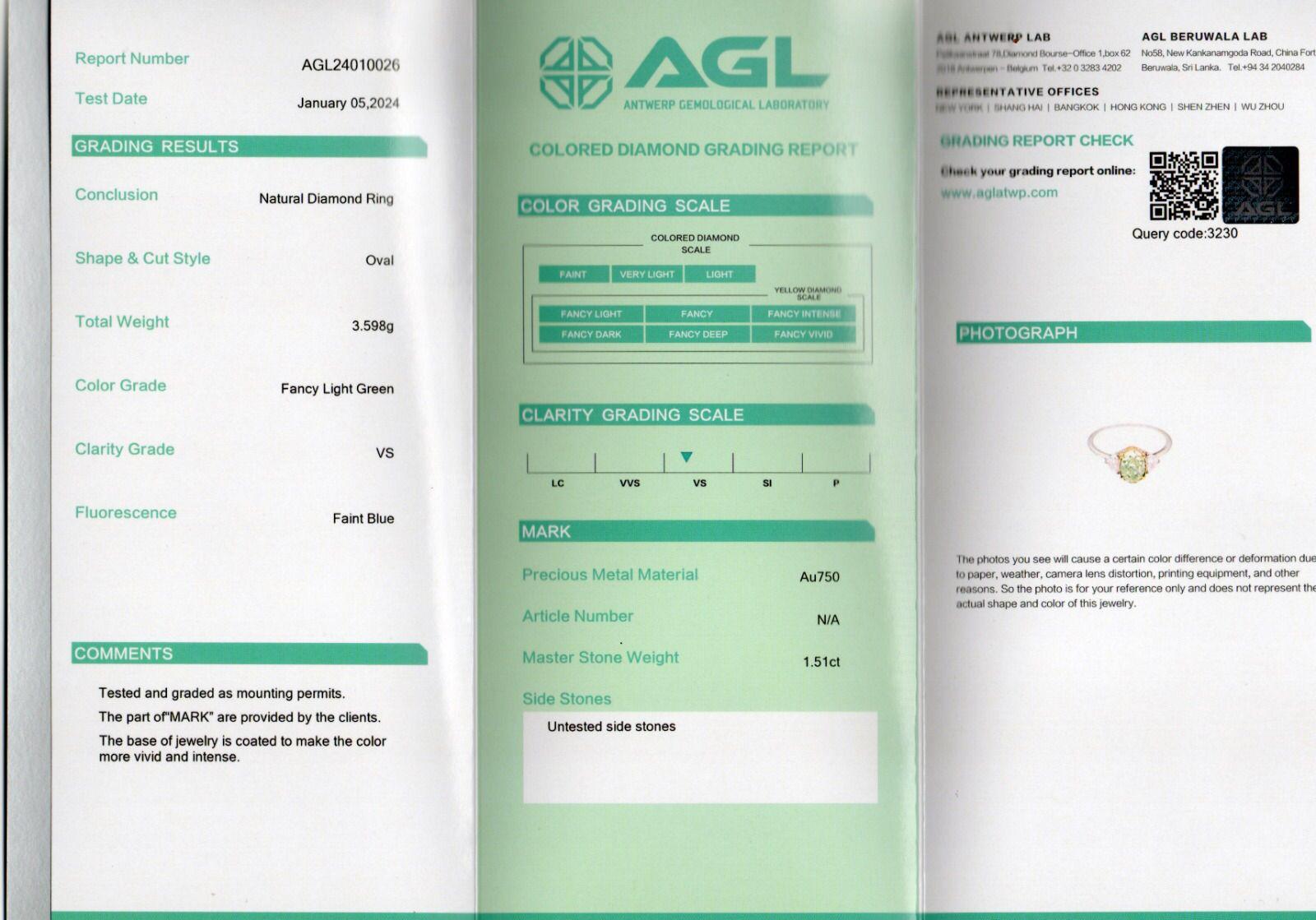 AGL Certified 1.51 Carat Fancy Light Green VS Clarity Diamond Ring For Sale 3