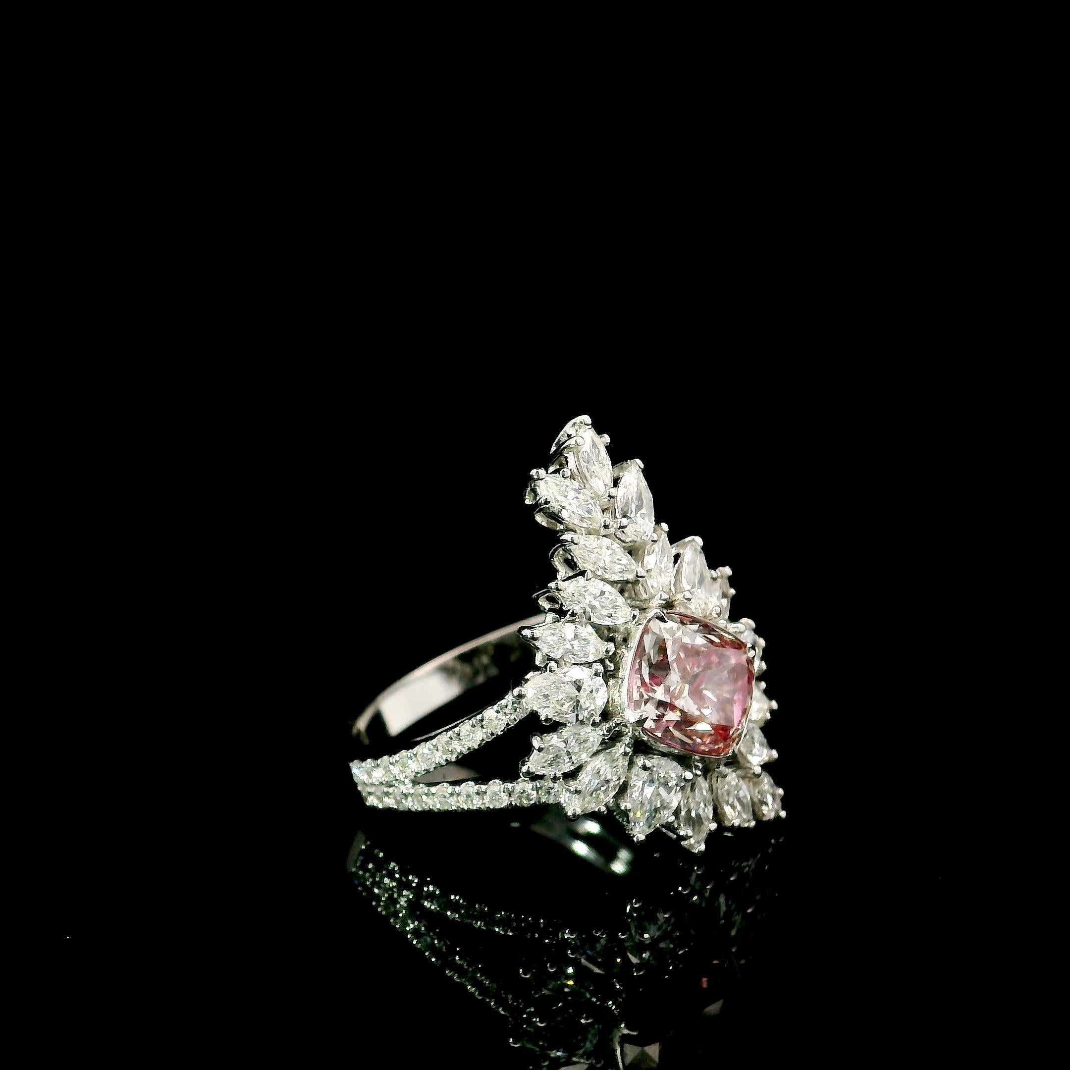 Cushion Cut AGL Certified 1.51 Fancy Pink SI1 Clarity Diamond Ring For Sale