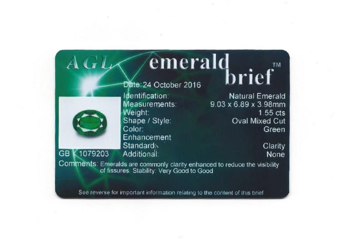 AGL-zertifizierter 1,55 Karat ovaler Smaragd-Dreistein-Diamant-Goldring im Angebot 5