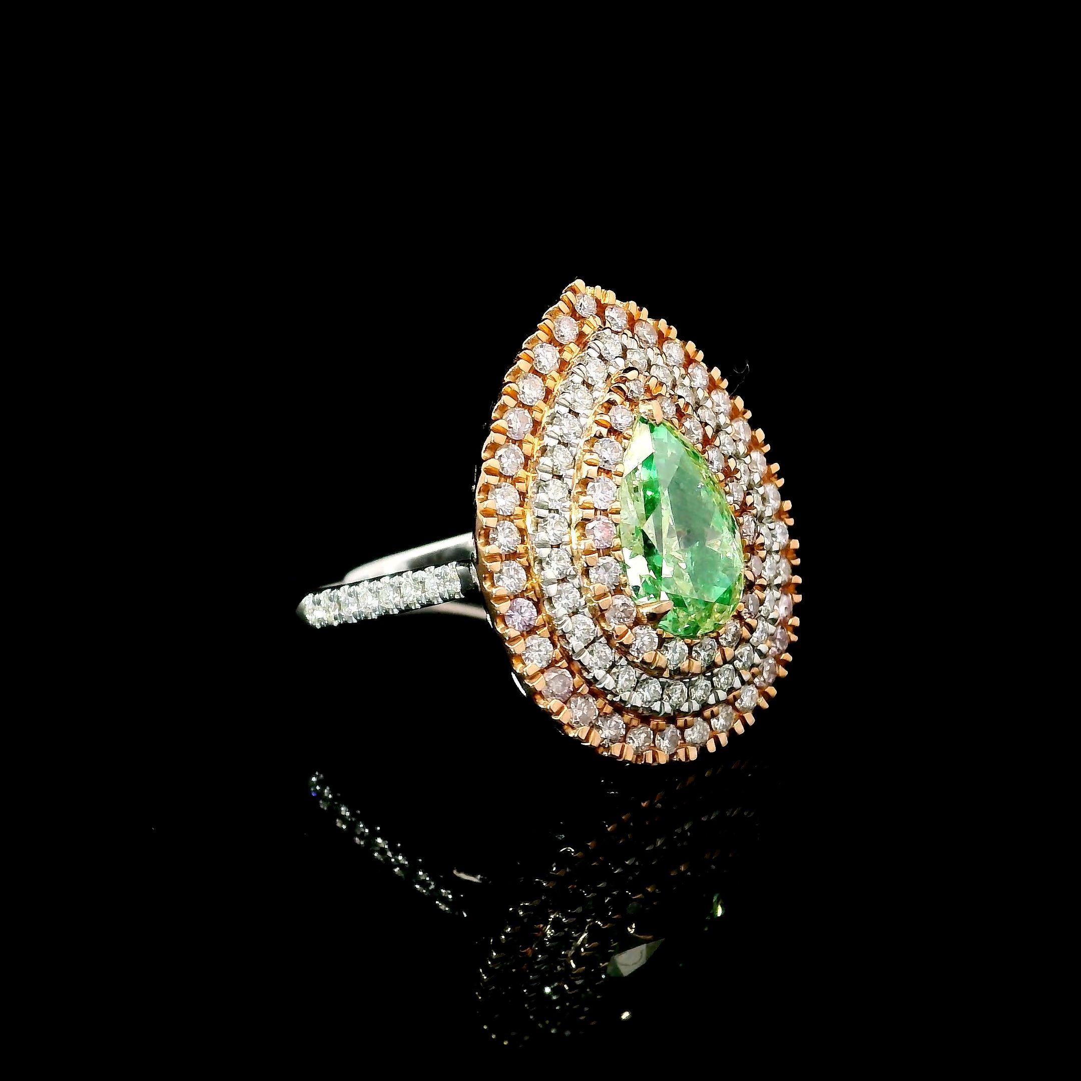 Pear Cut AGL Certified 1.56 Carat Fancy Green VS Clarity Diamond Ring For Sale
