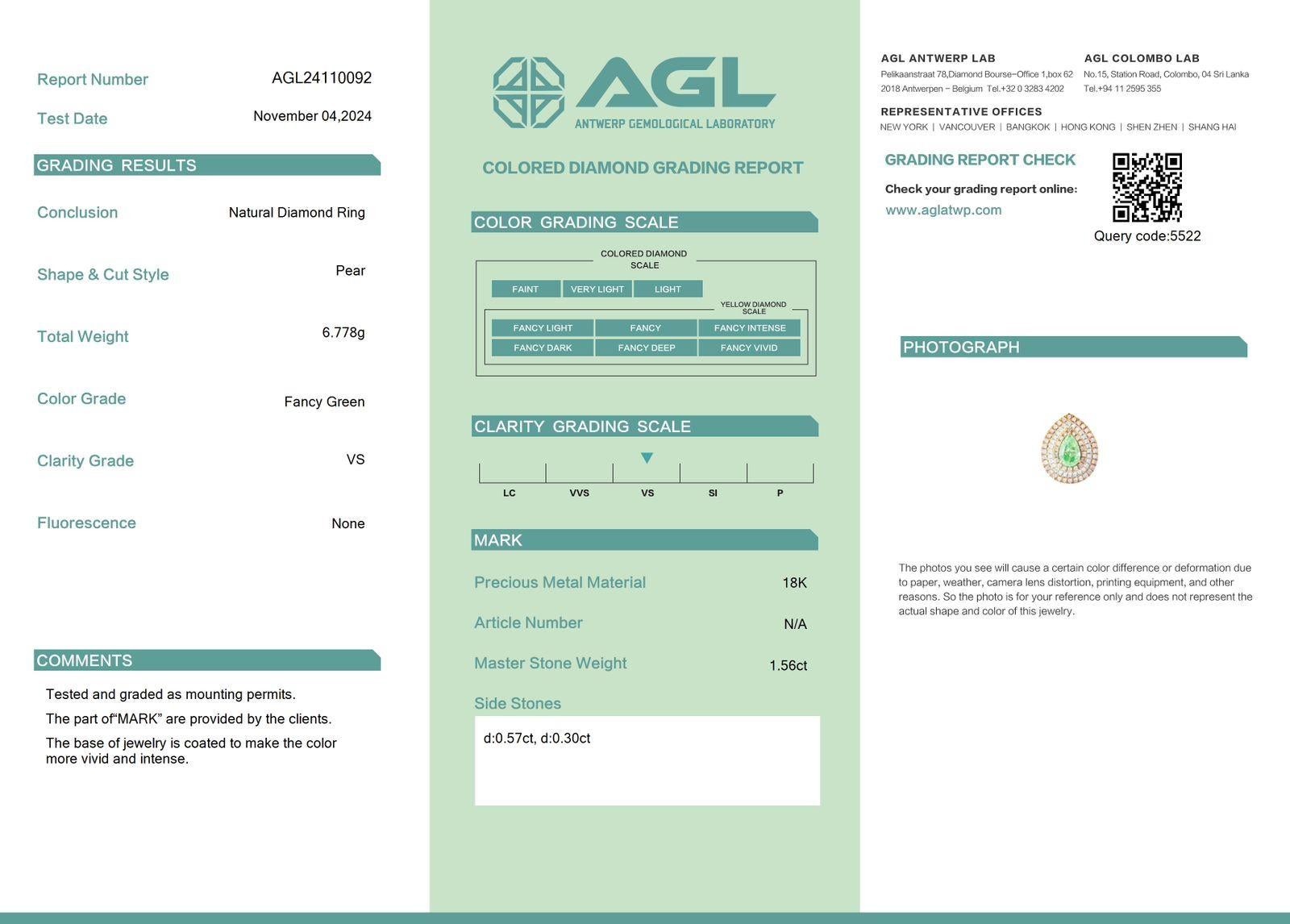 Women's or Men's AGL Certified 1.56 Carat Fancy Green VS Clarity Diamond Ring For Sale