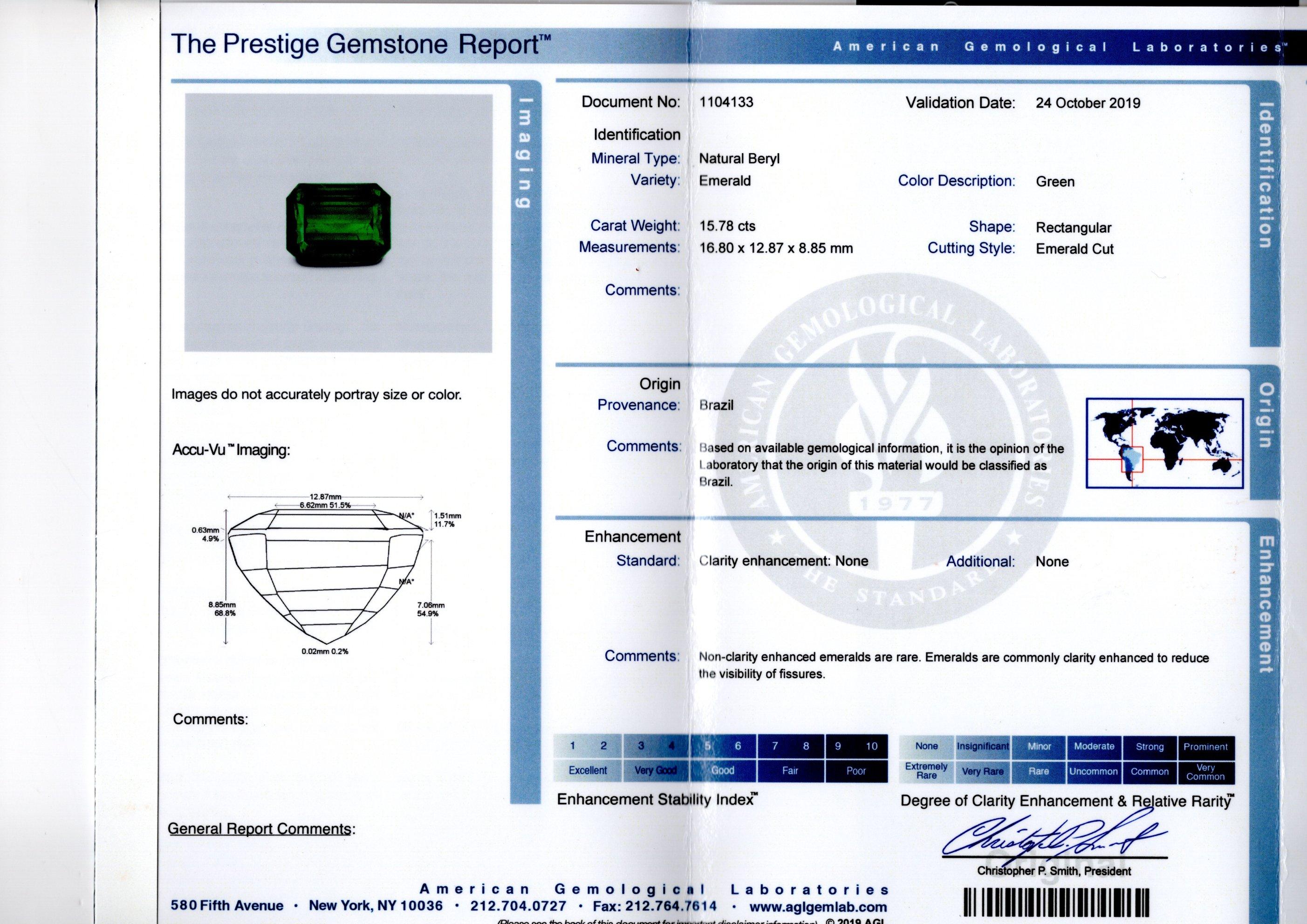 AGL Certified 15.78 Carat No Oil Brazil Emerald & Diamond Ring in 18K Gold For Sale 7
