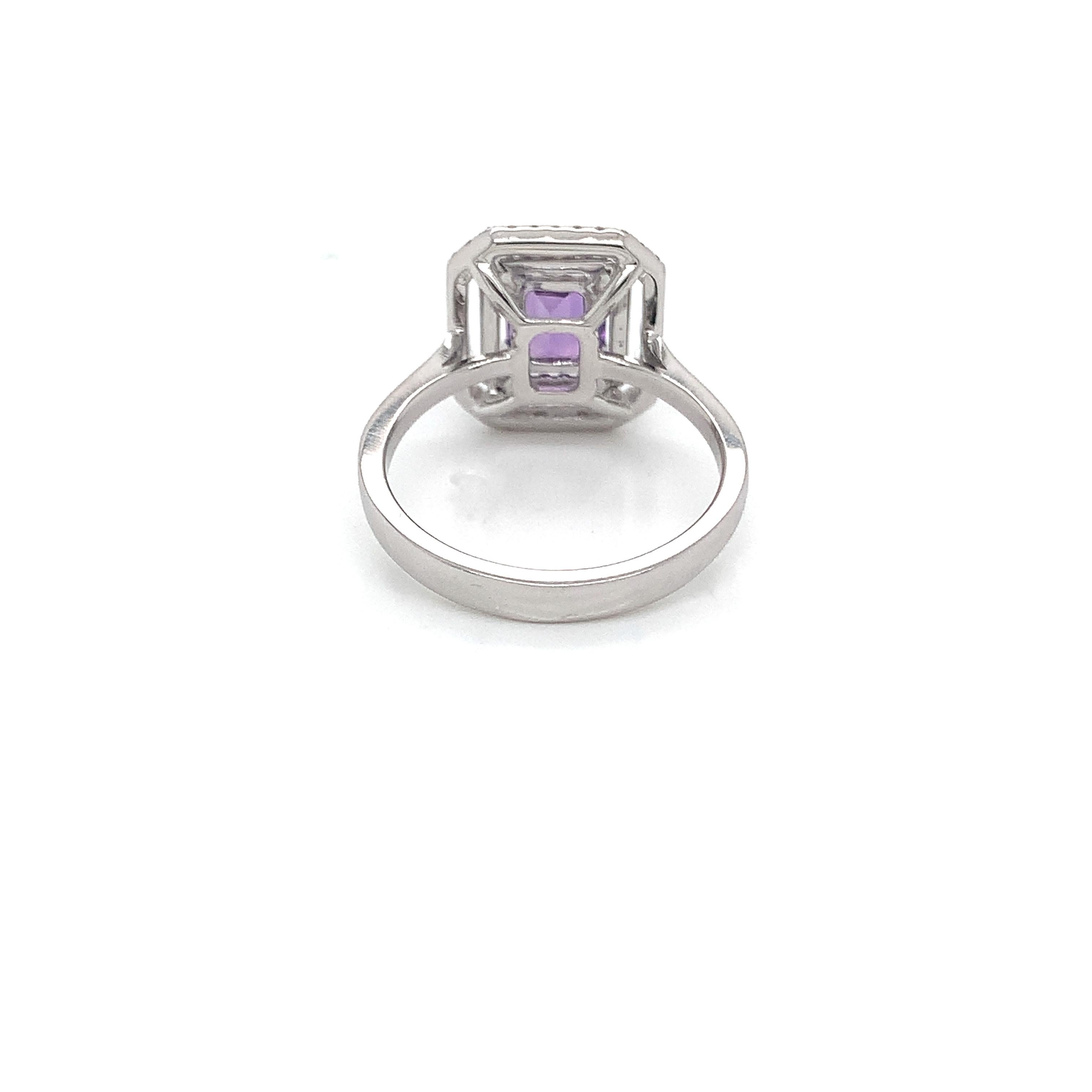 Emerald Cut AGL Certified 1.61 Carat No Heat Purple Sapphire & Diamond Ring For Sale