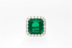 AGL Certified 16.46 Carat Vivid Green Colombian Emerald and Diamond Halo Ring