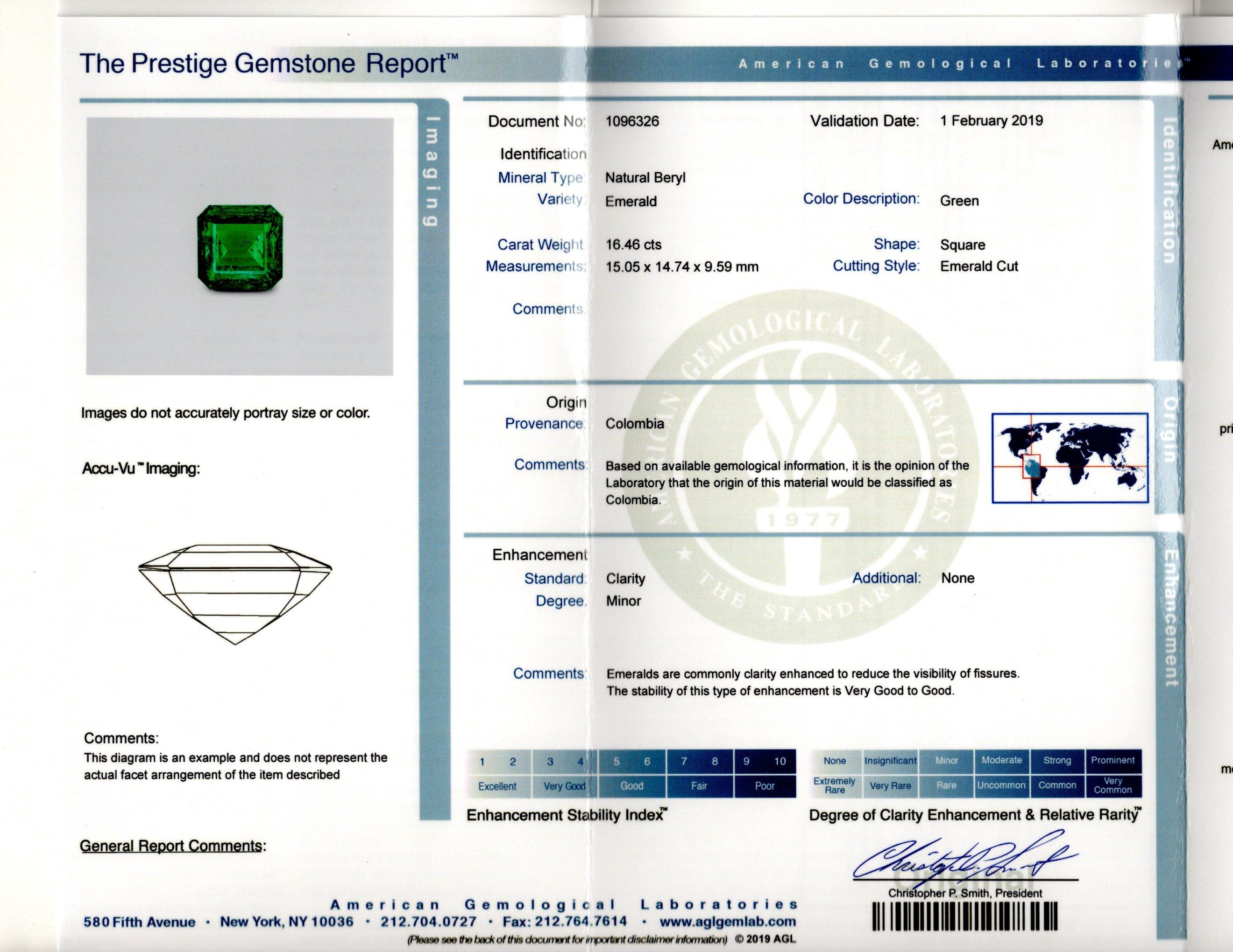 Emerald Cut AGL Certified 16.46 Carat Vivid Green Colombian Emerald and Diamond Halo Ring For Sale