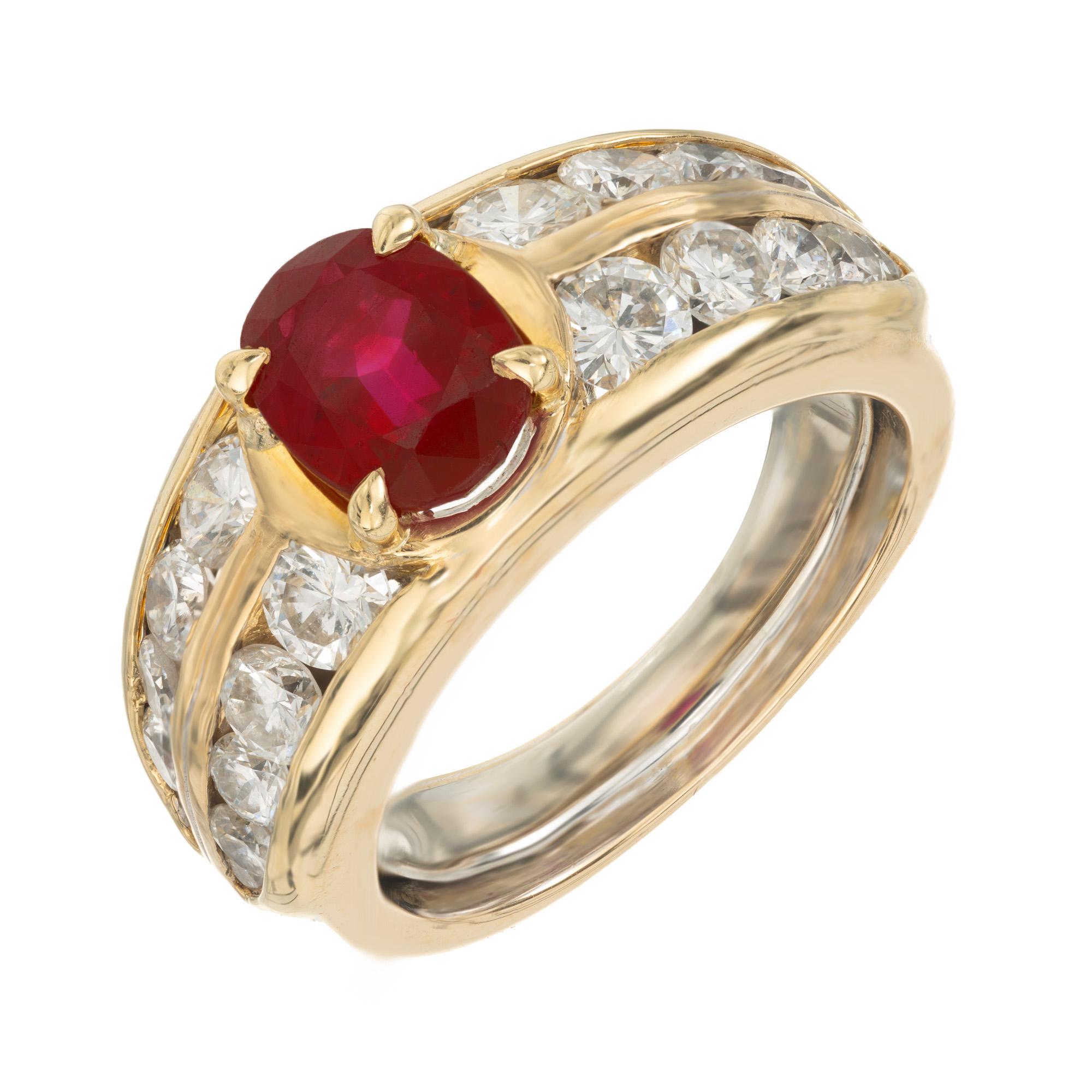 Beautiful AGL certified 1.65 carat oval Myanmar, Burma, ruby and diamond engagement ring set in 18k yellow gold crafted by Repossi Jewelers of Monaco. This elegant ring features a beautiful bright red 1.65ct center oval ruby accented by two rows of