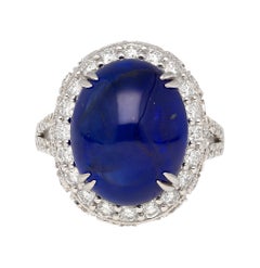 AGL Certified 16.68 Carat Cabochon Ceylon Blue Sapphire Ring with Diamond Halo