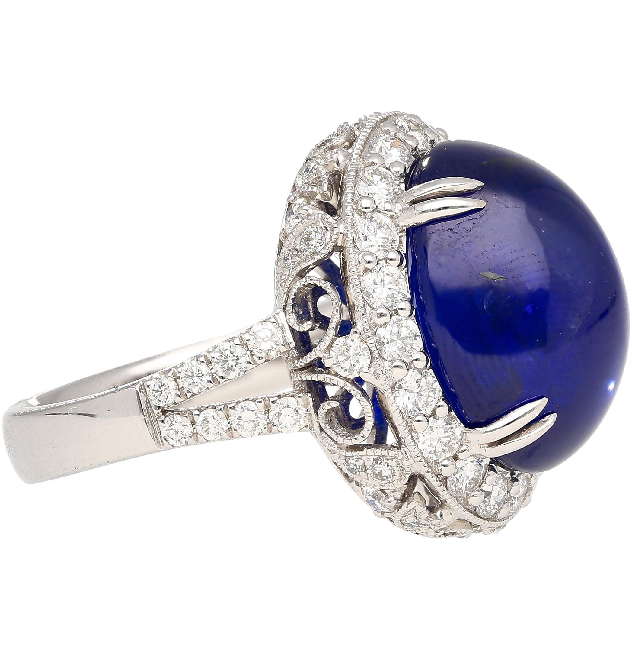 Retro AGL Certified 16.68 Carat Cabochon Ceylon Blue Sapphire Ring with Diamond Halo For Sale
