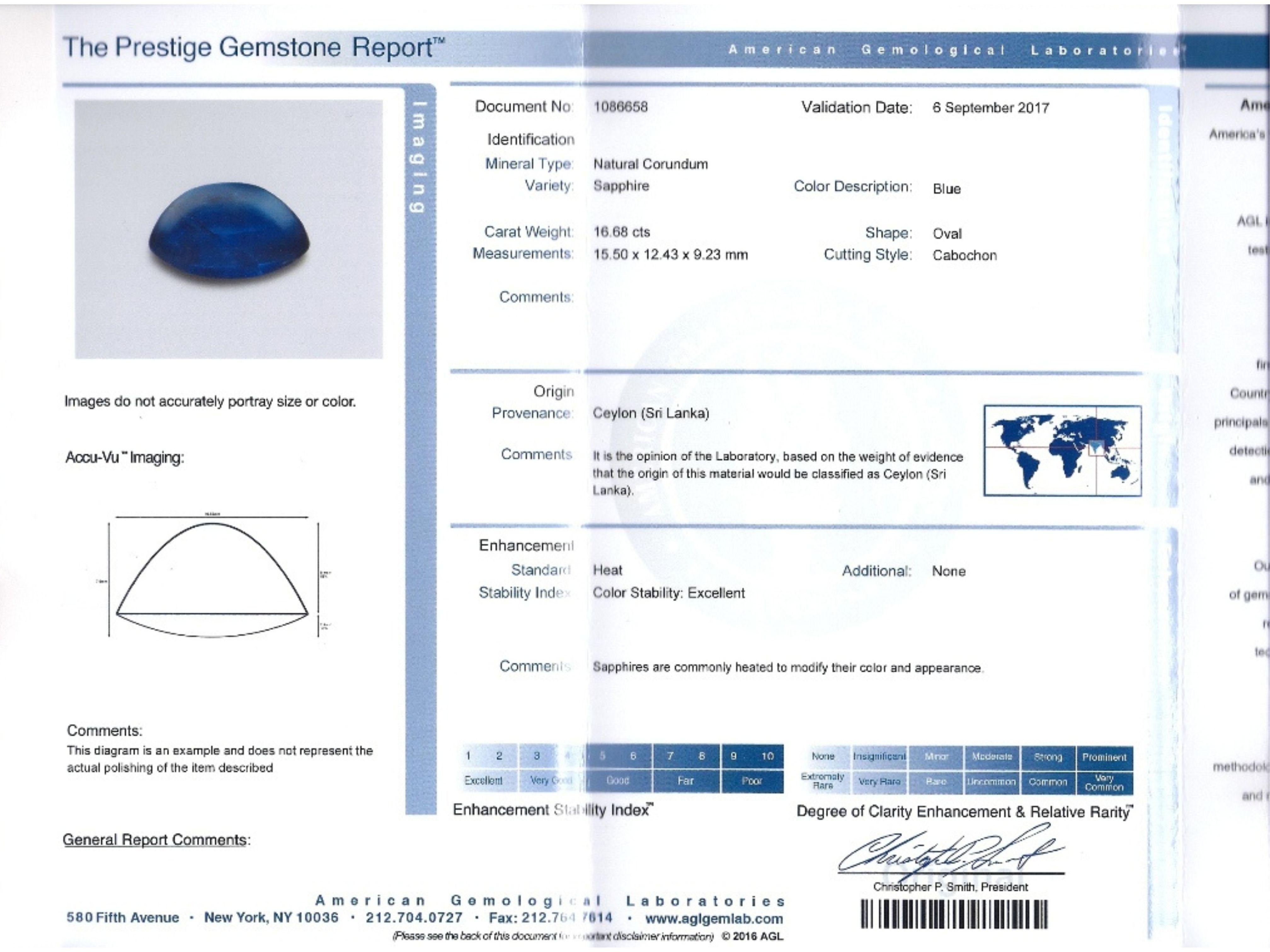 Bague en saphir bleu de Ceylan cabochon certifié AGL de 16,68 carats avec halo de diamants en vente 2