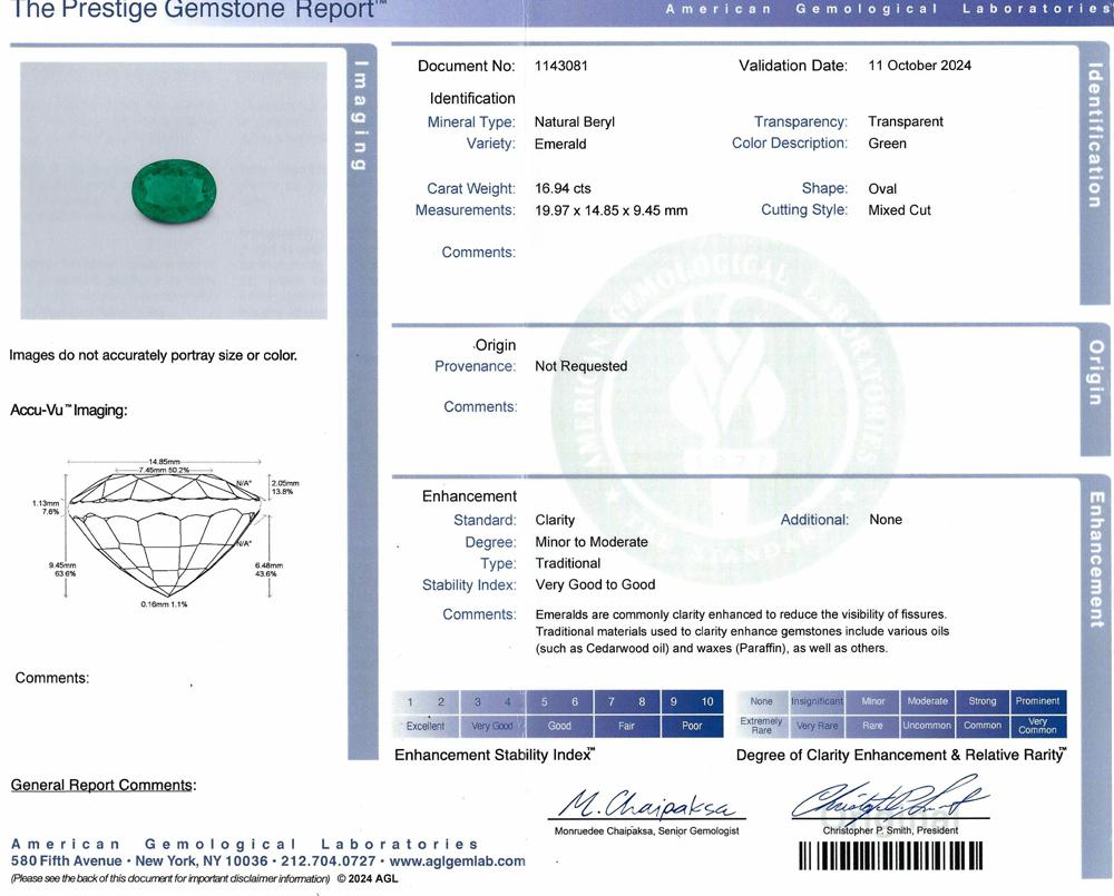 Oval Cut AGL Certified 16.94 Carat Green Emerald Diamond Platinum Ring For Sale