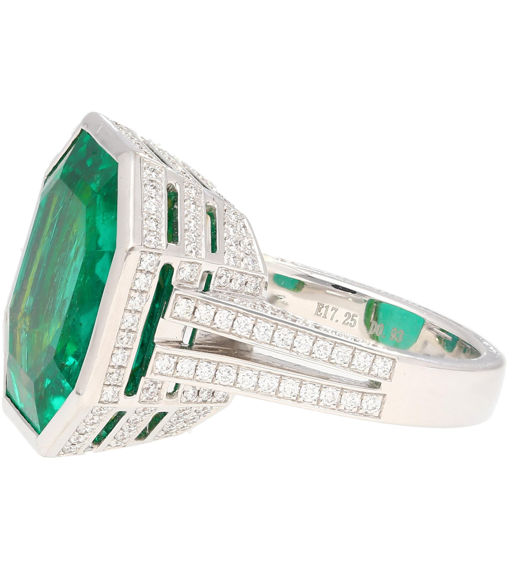 Octagon Cut AGL Certified 17 Carat Octagonal Cut Minor Oil Colombian Emerald Bezel Set Ring For Sale