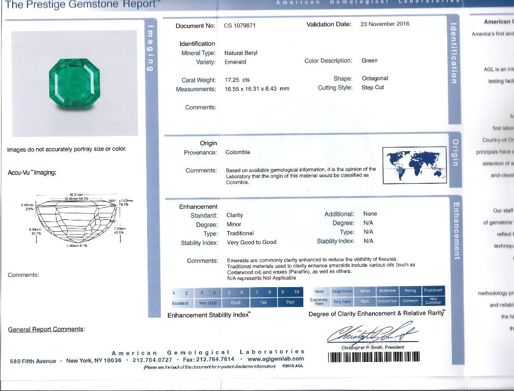 AGL Certified 17 Carat Octagonal Cut Minor Oil Colombian Emerald Bezel Set Ring For Sale 1