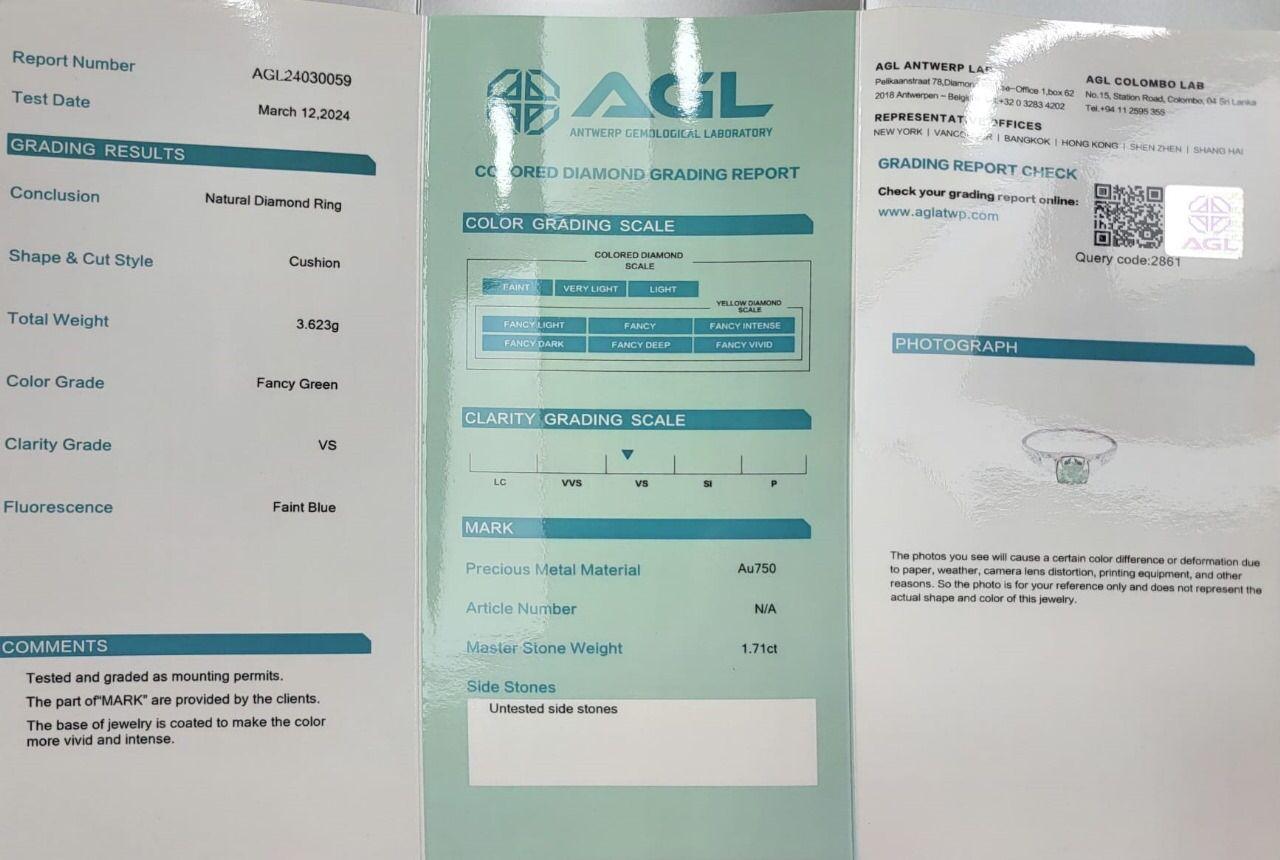AGL Certified 1.71 Carat Fancy Green VS Clarity Diamond Ring For Sale 3
