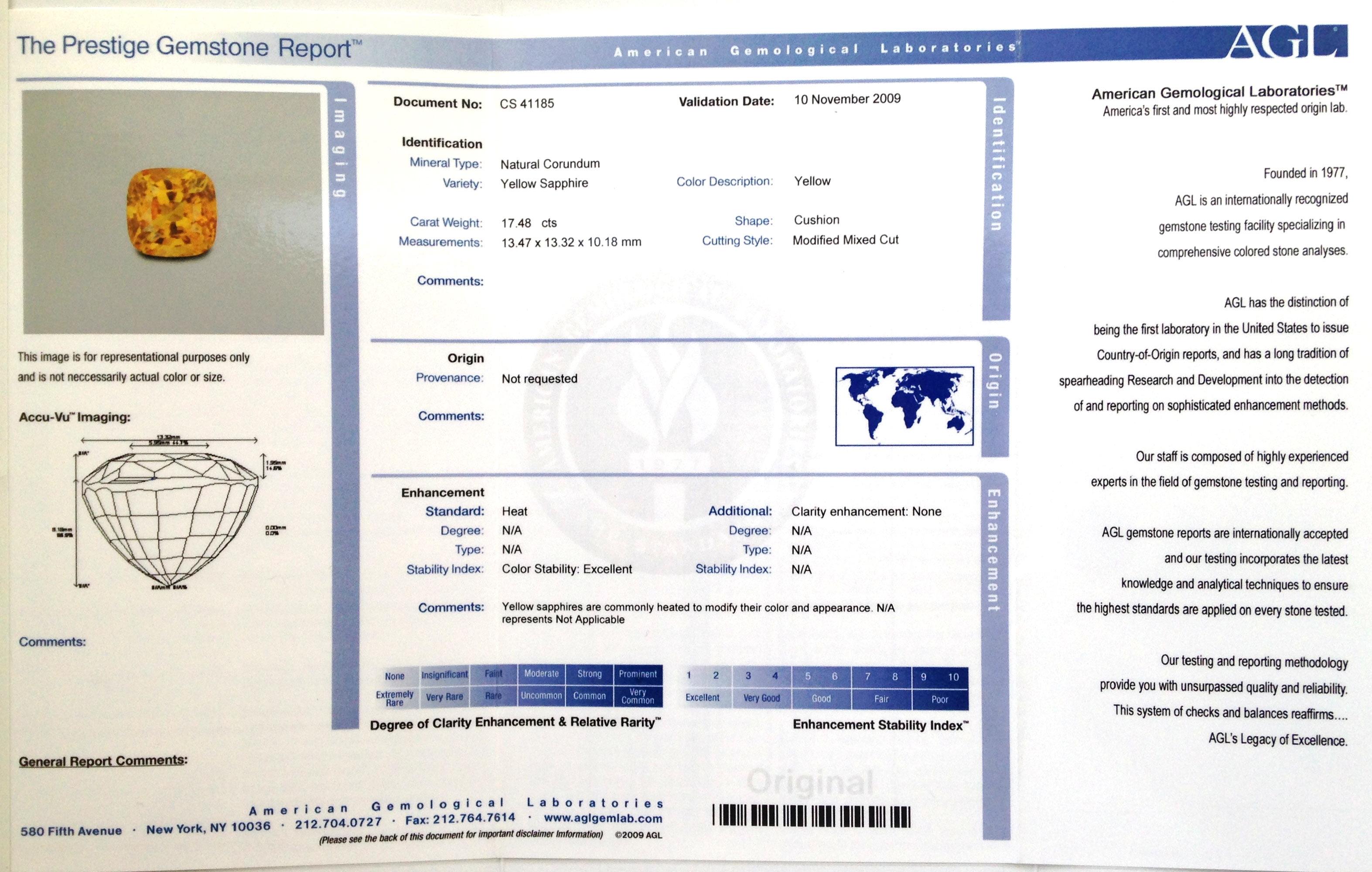 Please inquire for more videos/photos.

Details

Identification: Natural Yellow Sapphire
• Carat: 17.48 carats
• Shape: cushion
• Measurement: 13.47 x 13.32 x 10.18 mm
• Color: yellow
• Cut: Modified Mixed
• Treatment: Heated
• Report: AGL Report
