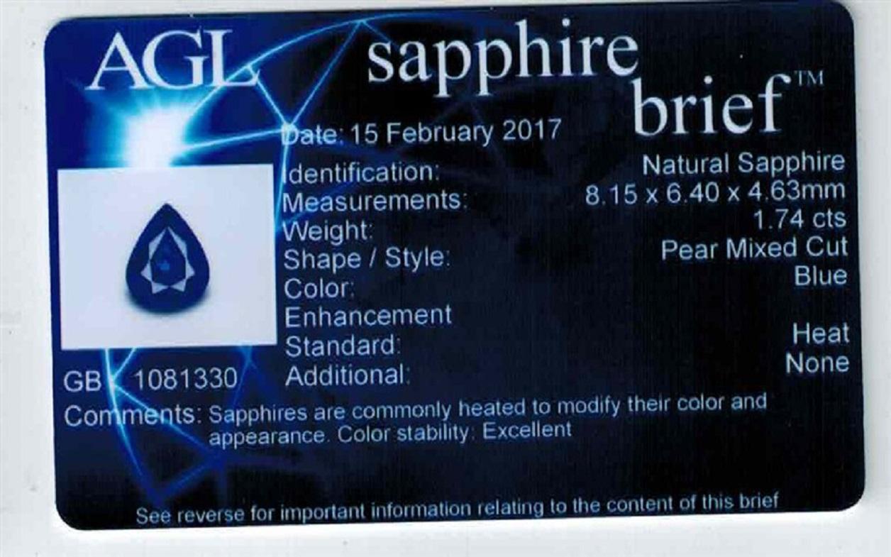 1.74ct Pear Shape Blue Sapphire Dimension-8.15x6.40x4.63 AGL# GB 1081330 #BS-283

Jewelers and collectors alike are vying for a pear-shaped blue sapphire, which is a stunning gemstone. A pear shape cut is a popular option for sapphires because it