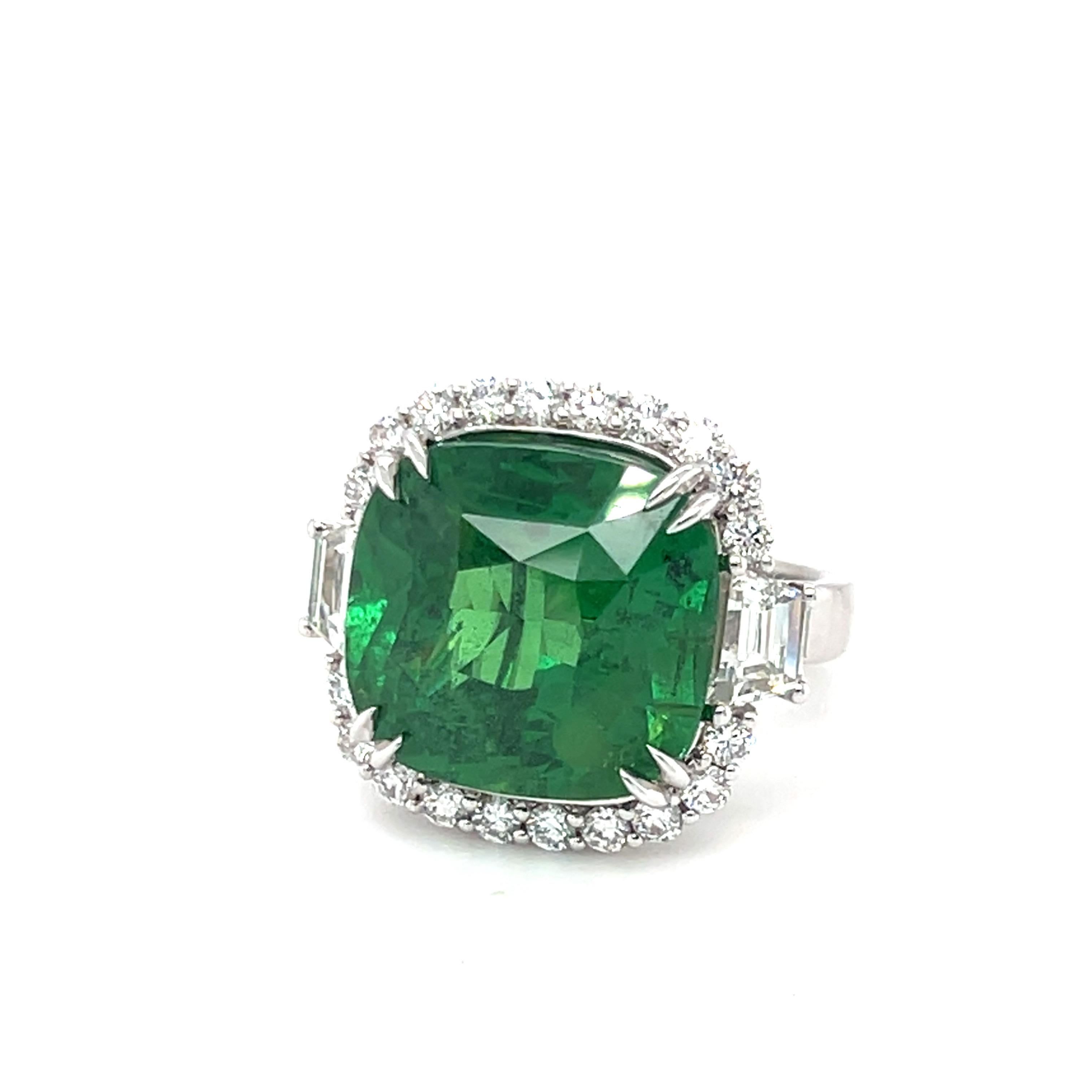 AGL Certified 17.96 Carat Cushion Cut Tsavorite Green Garnet Diamond Ring For Sale 6