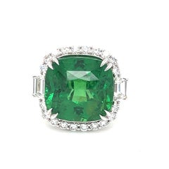 AGL Certified 17.96 Carat Cushion Cut Tsavorite Green Garnet Diamond Ring