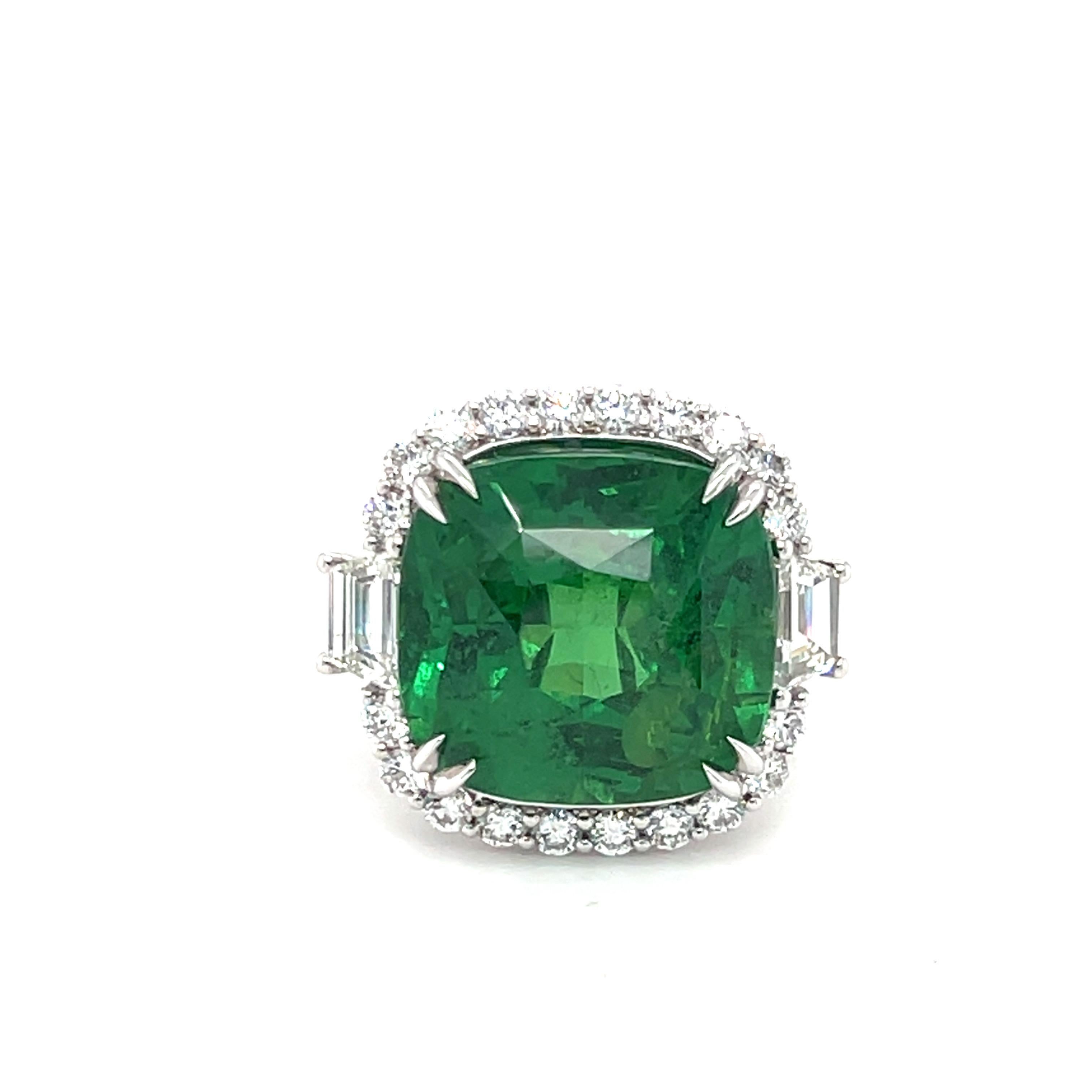AGL Certified 17.96 Carat Cushion Cut Tsavorite Green Garnet Diamond Ring In New Condition For Sale In Trumbull, CT