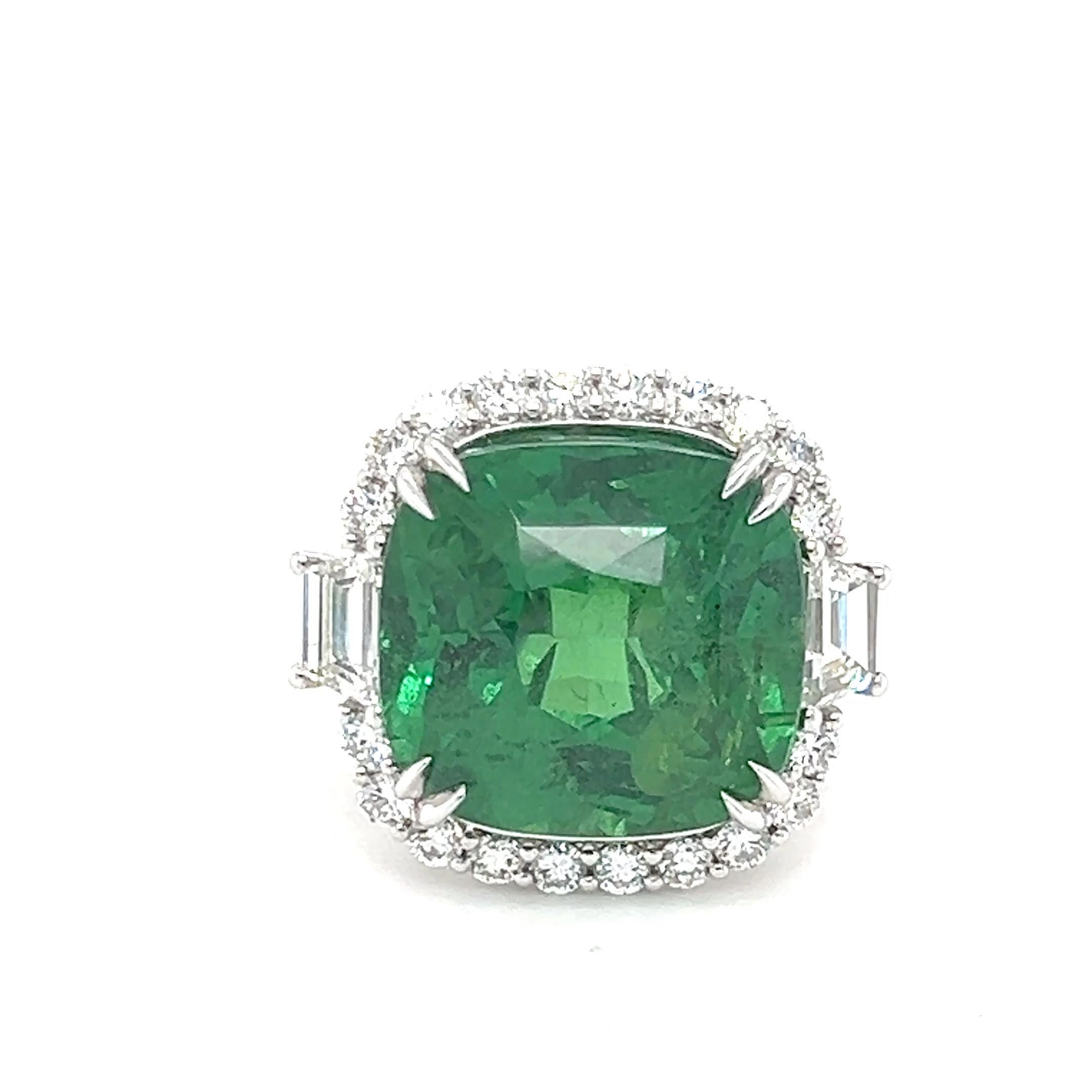 AGL Certified 17.96 Carat Cushion Cut Tsavorite Green Garnet Diamond Ring For Sale 4