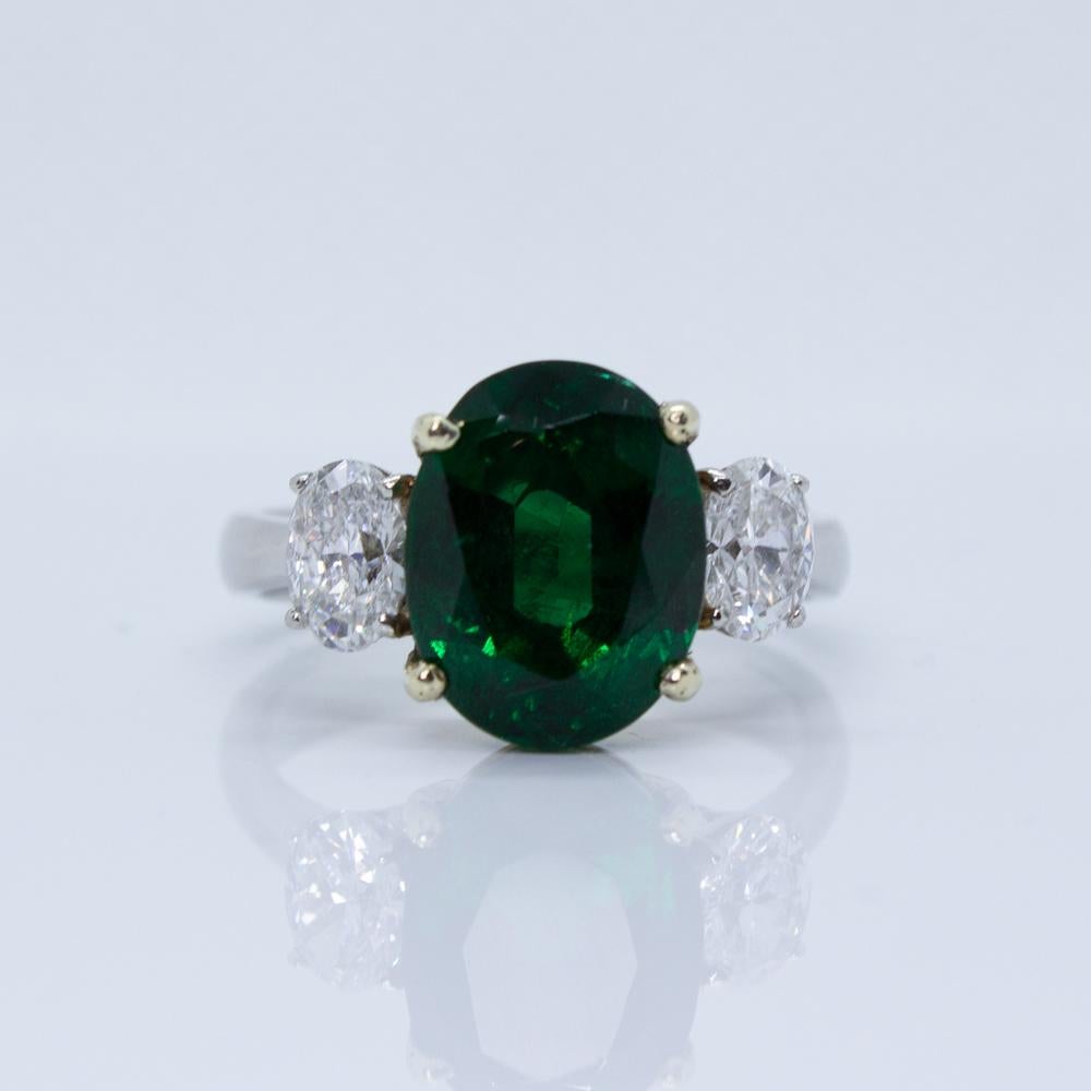 AGL Certified 18 Karat Gold and Platinum 3.77 Carat Oval Zambian Emerald Ring For Sale 9