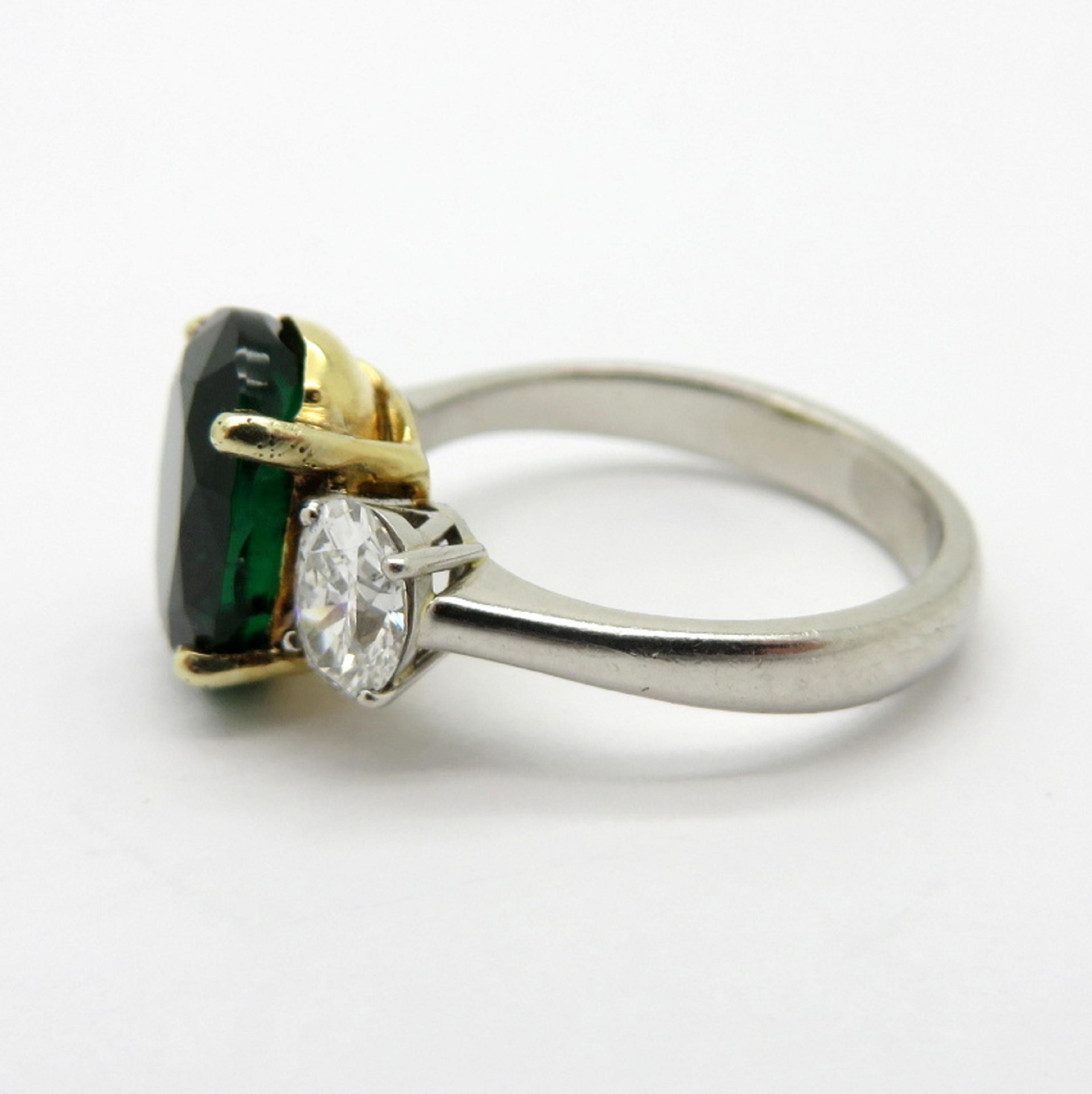 Oval Cut AGL Certified 18 Karat Gold and Platinum 3.77 Carat Oval Zambian Emerald Ring For Sale