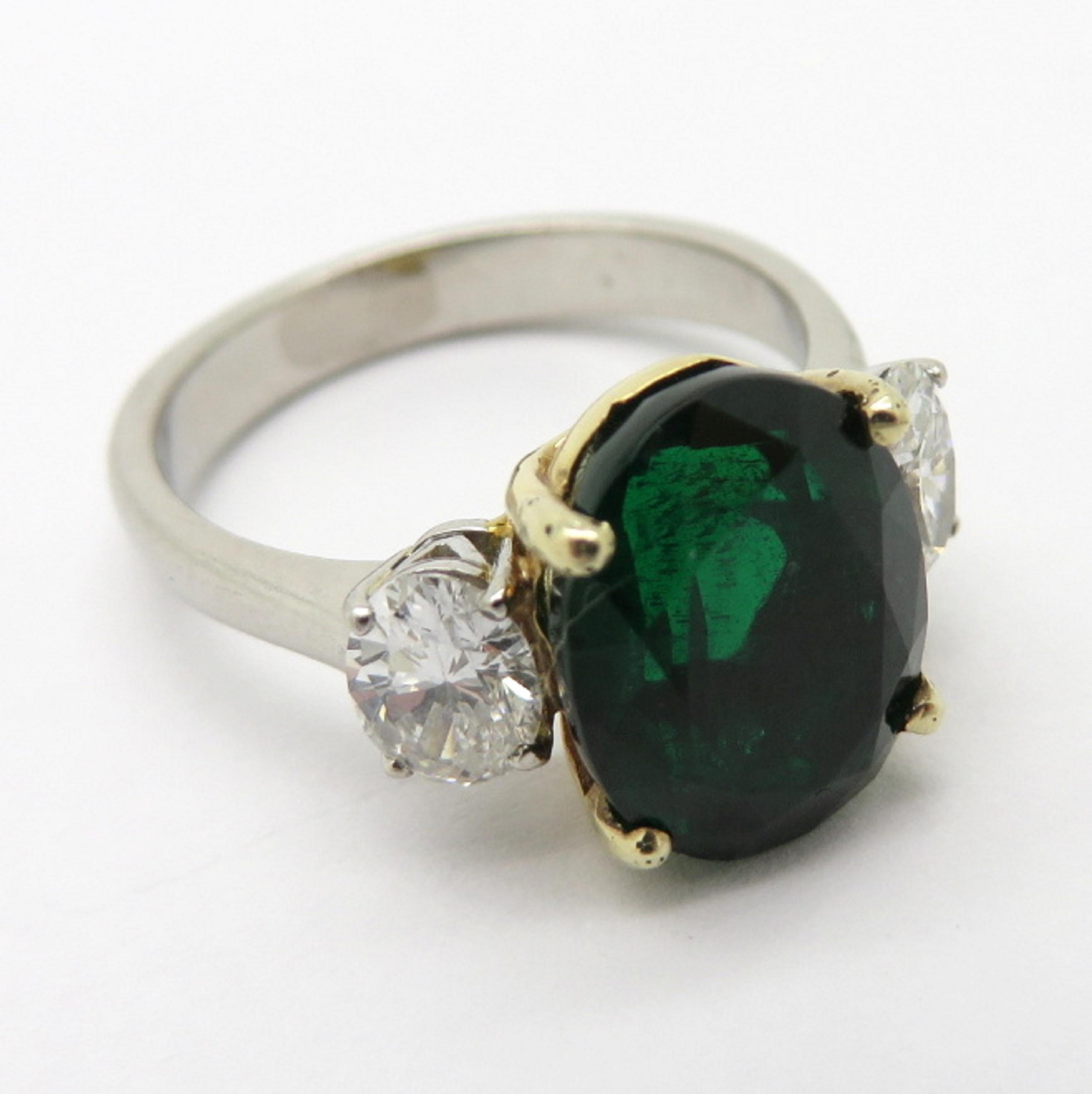 AGL Certified 18 Karat Gold and Platinum 3.77 Carat Oval Zambian Emerald Ring For Sale 1
