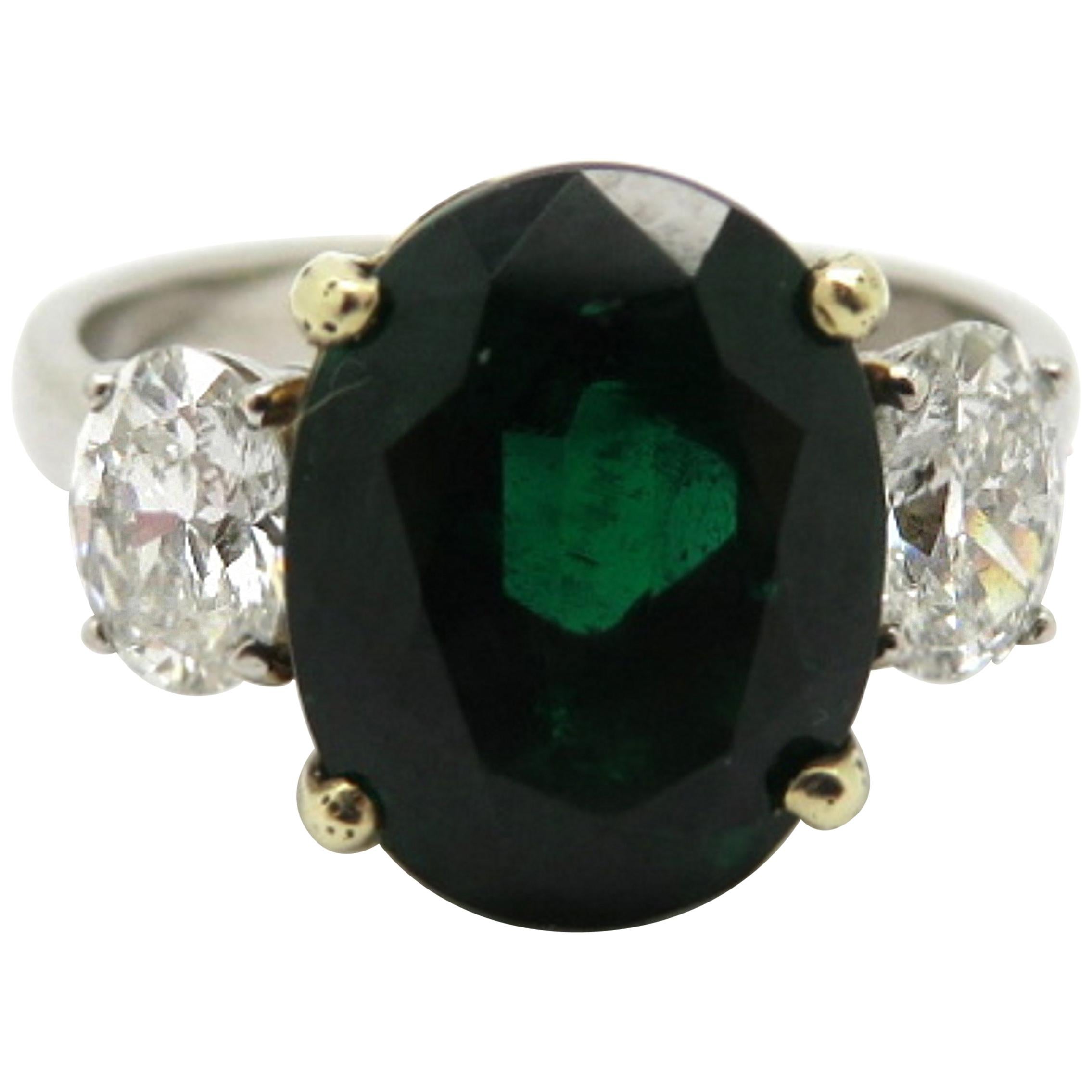 AGL Certified 18 Karat Gold and Platinum 3.77 Carat Oval Zambian Emerald Ring For Sale