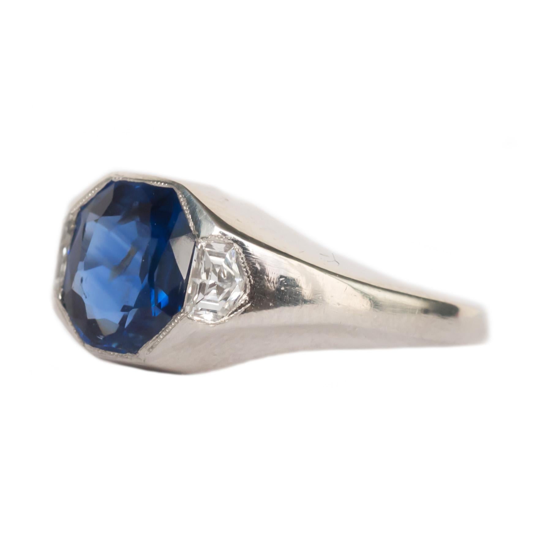 Ring Size: 6
Metal Type: Platinum  [Hallmarked, and Tested]
Weight: 7.4  grams

Diamond Details:
AGL Certified 
Type: Sapphire
Weight: 1.86 carat
Cut: Octagonal Mixed Cut 

Side Stones:
Shape: Antique Trapezoid 
Carat: .30 carat, total weight
Color: